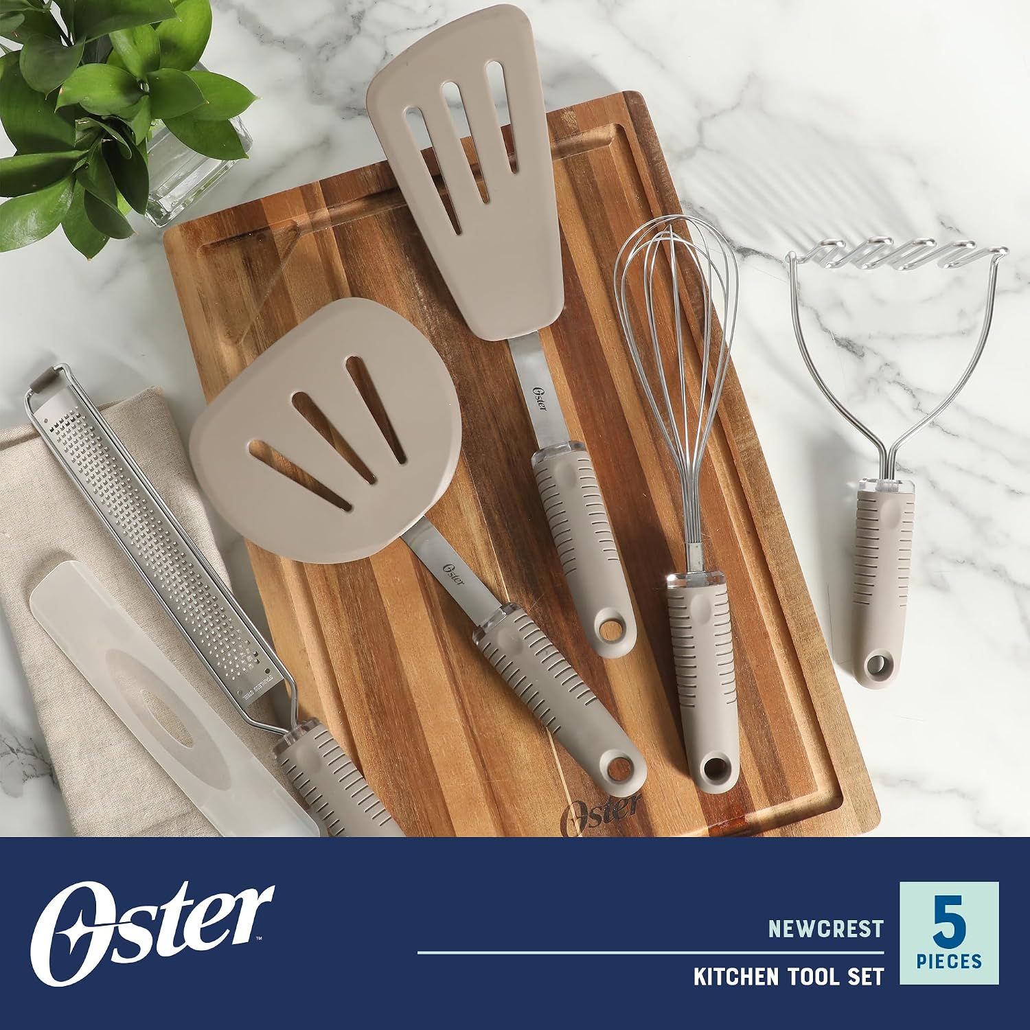 Oster Newcrest 5-Piece Kitchen Utensil Set — Champagne Non-Slip Silicone Handles, Includes Spatulas, Whisk, Masher & Grater”