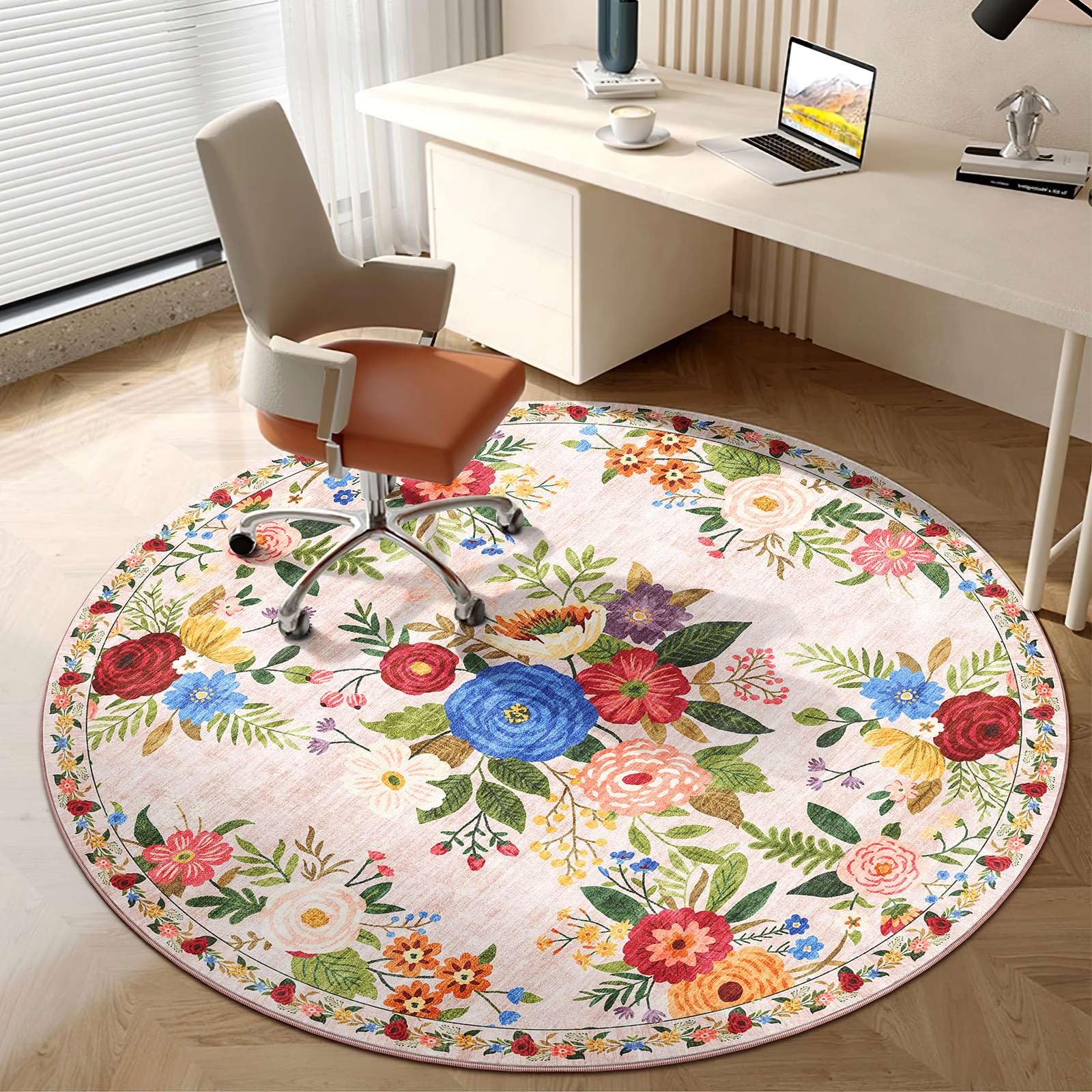 Tapis Rond 120cm Lavable Machine, Moquette Antidérapante Poil Bas Style Boho, Motif Floral Oriental Doux pour Salon, Chambre, Cuisine, Nursery, Bureau