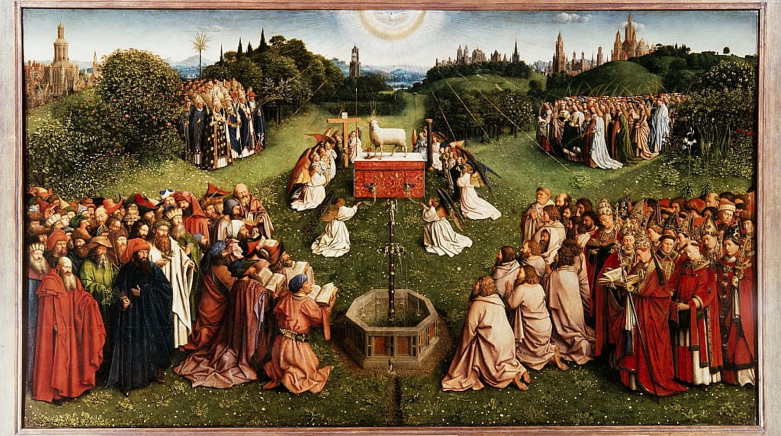 ARTXLXXBN Famous Painting Art Wall Decor Abstract Art Picture the Ghent Altarpiece Adoration of the Mystic Lamb by Jan Van Eyck Animal Pictures for Home Decor 60x90cm