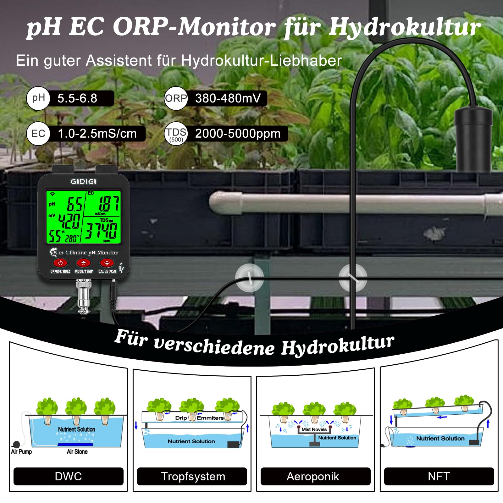 pH ppm WiFi-Monitor, intelligenter 8-in-1 Wasserqualitätstest, hydroponischer pH EC-Messer, pH TDS EC Salz ORP-Tester mit Kalibrierlösungs-Kit, Salzgehalt-Tester für Aquarien