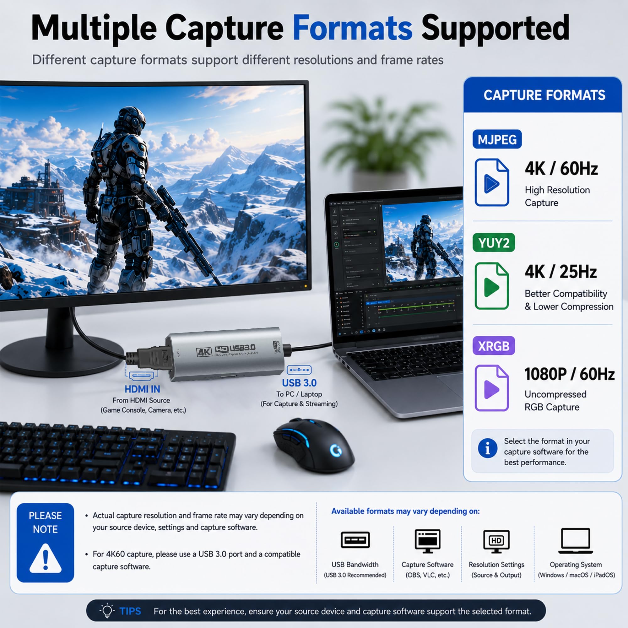 Guermok Carte d'acquisition HDMI 4K60FPS/2K120FPS, PD100W, USB3.0, Argent | Streaming, enregistrement et jeu à faible latence, Compatible avec consoles portables, Plug-and-play sans pilote, ordinateurs