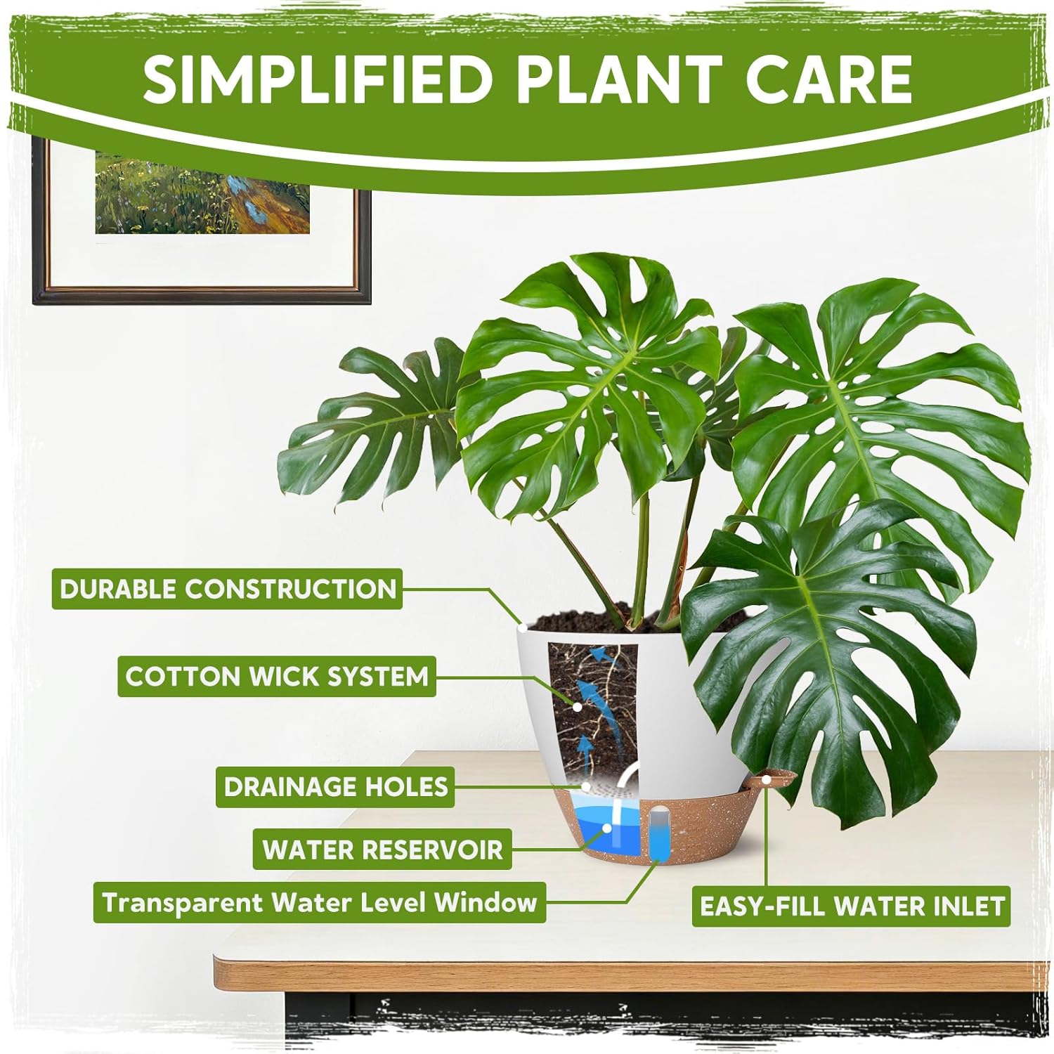 Self-Watering Pots for Indoor Plants with Visible Water Window,5/6/6.5/8/10 Inch Outdoor Flower Pots with Drainage Holes & Reservoir for Patio, Home Decor (White)