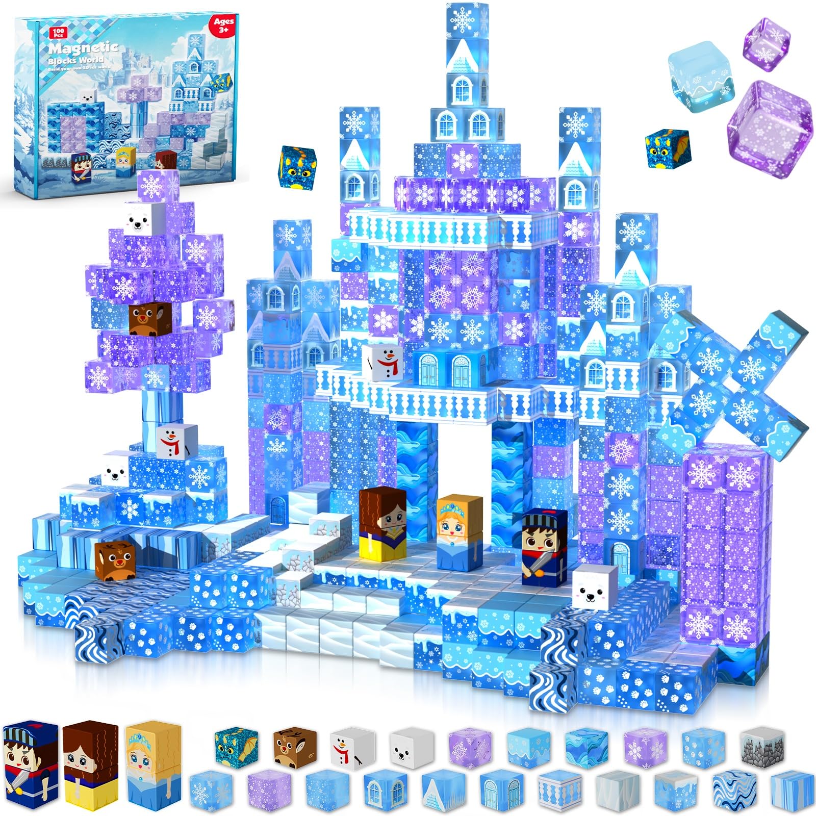 Magnetic Blocks - 100Pcs Transparent Building Block for Kids Ages 4-8, Magnet Blocks Sets for Blue Princess Castle Build, Building Cubes Tiles Princess Toys for Girls Ages 3 4 5 6 7 8-12 Birthday Gift