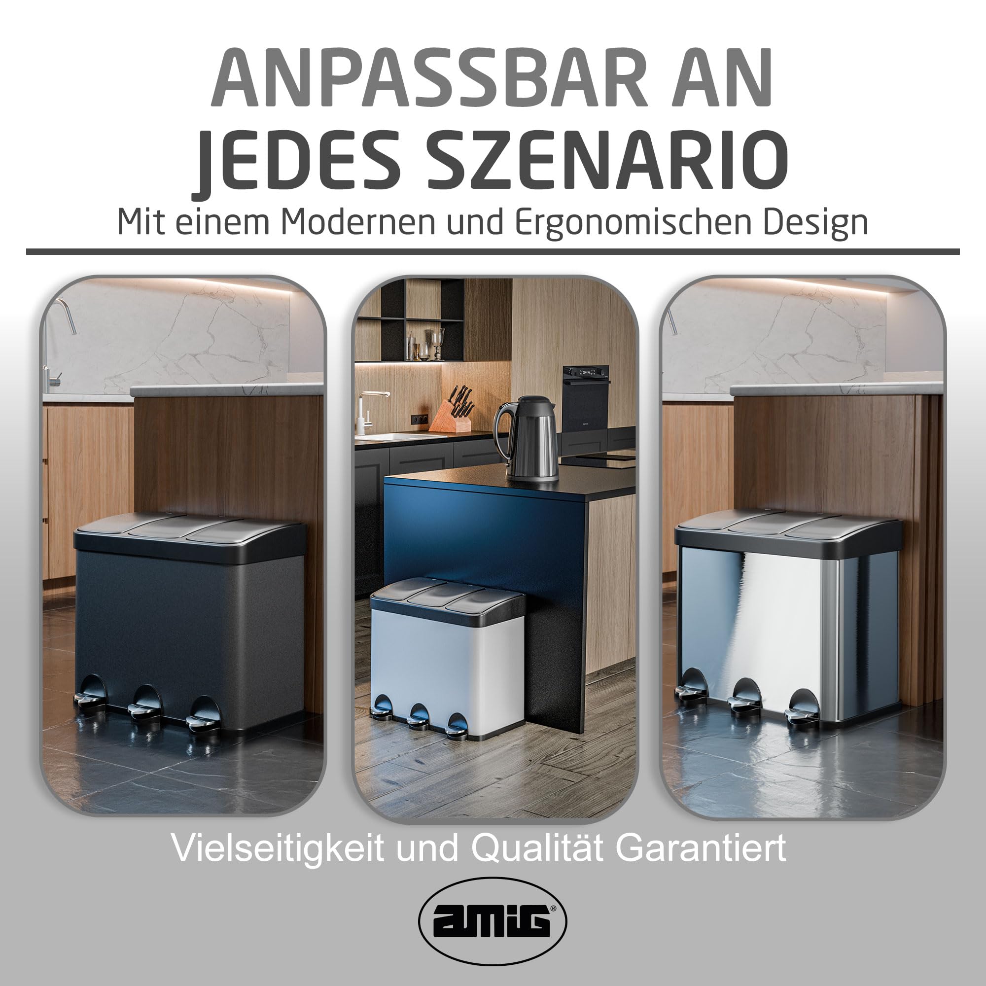 Amig - Dreifacher Mülleimer mit Pedalen 45 Liter Mod. RECIK3-3 herausnehmbare 15-Liter-Fächer - Recyclingbehälter für die Küche - Stahl - 60 x 37 x 49 cm - Mattschwarz