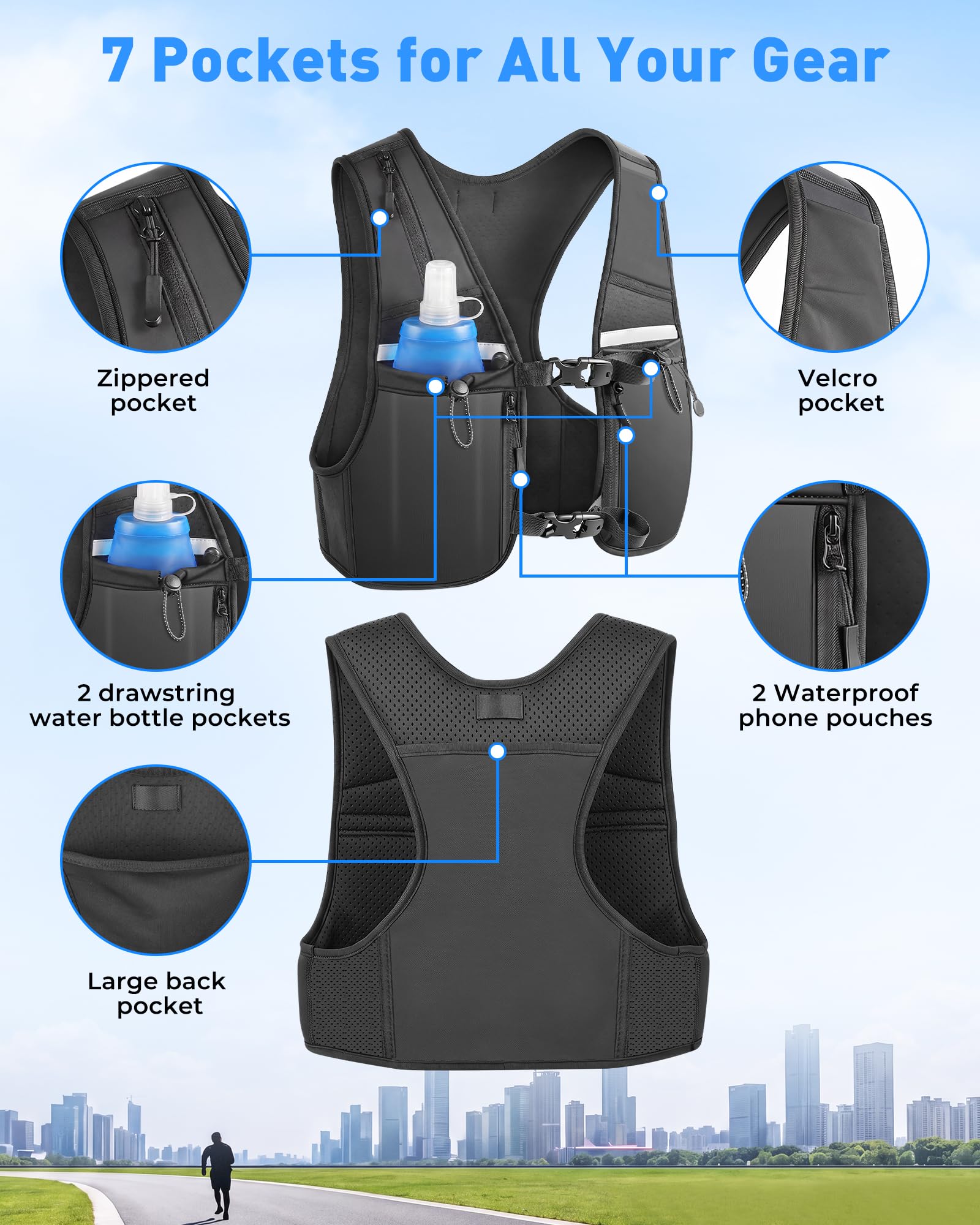 Gilet da corsa per uomo e donna, leggero, con borraccia morbida da 500 ml, cinghia toracica regolabile, zaino riflettente per corsa, ciclismo e fitness