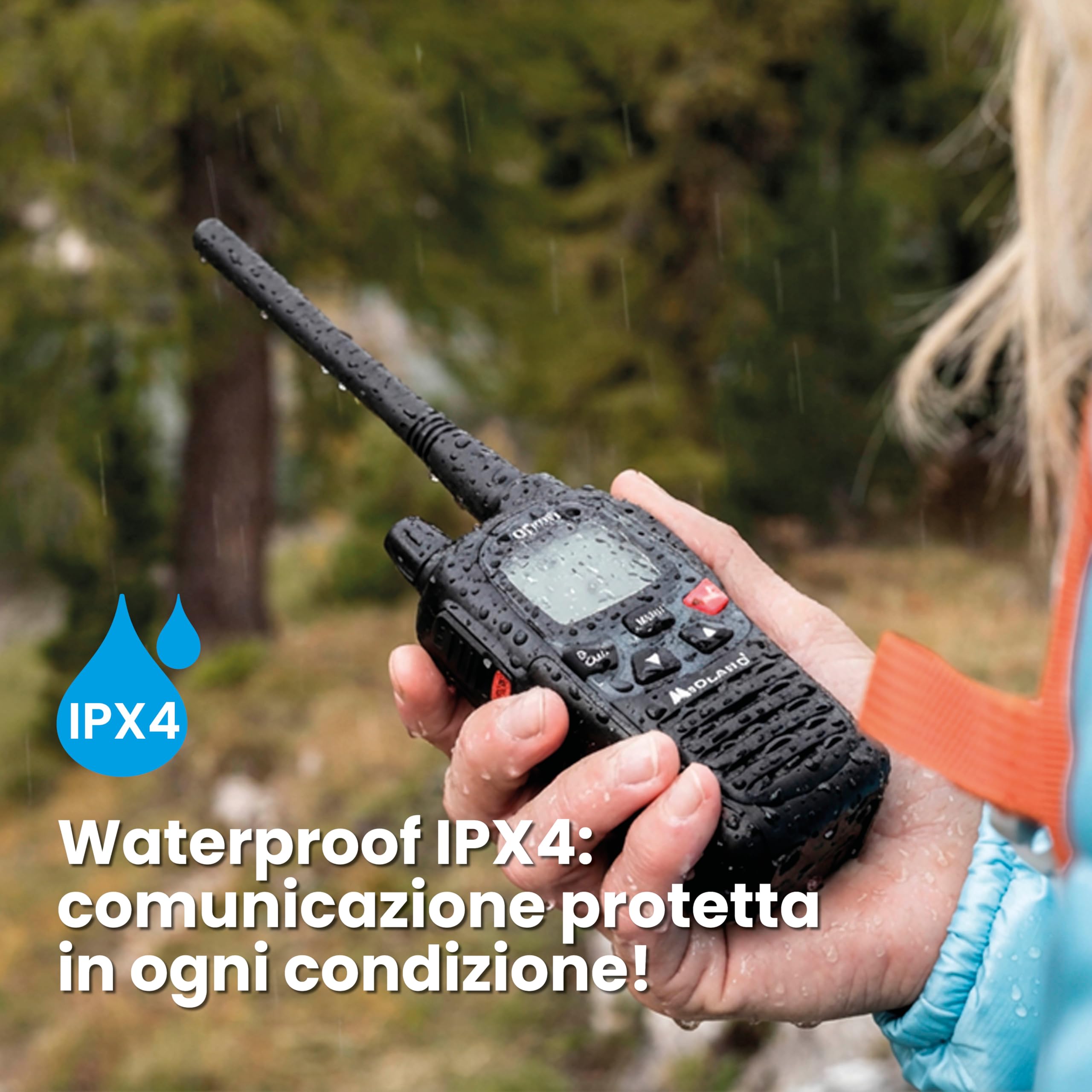 Midland - Walkie Talkie G9 PRO, Ricetrasmittenti Professionali IPX4 Waterproof per Softair e Outdoor, 101 Canali - 32 PMR446/69 LPD, Copertura 12Km, Autonomia 23H, 4 Batterie Ricaricabili e Accessori