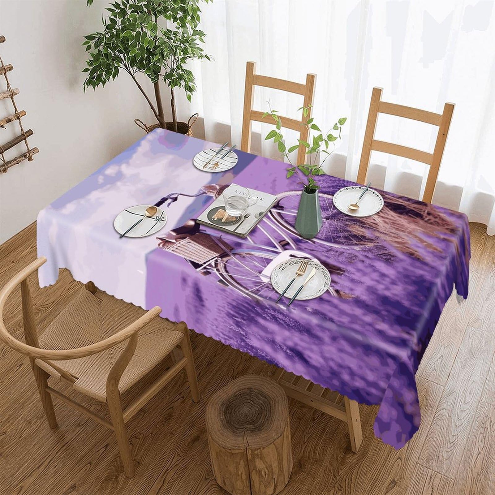 FekiLoot Lavender Field Bike Tablecloths for Rectangle Tables Wipeable Spillproof Polyester Table Cloth Wrinkle Free Farmhouse Dining Tables Cover Elegant Vintage Decor Tablecover