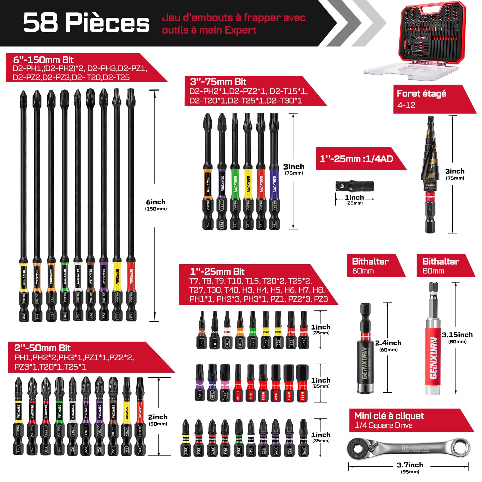 Geinxurn Lot 58 Pièces Set Embouts Tournevis Anti-Choc, Incl. Jeu Embouts Acier S2 (PH/PZ/TORX/HEX), Mini Cliquet, Perceuse Étages, Adaptateur Douille, Porte-Embouts Magnétique, Boîte Rouge