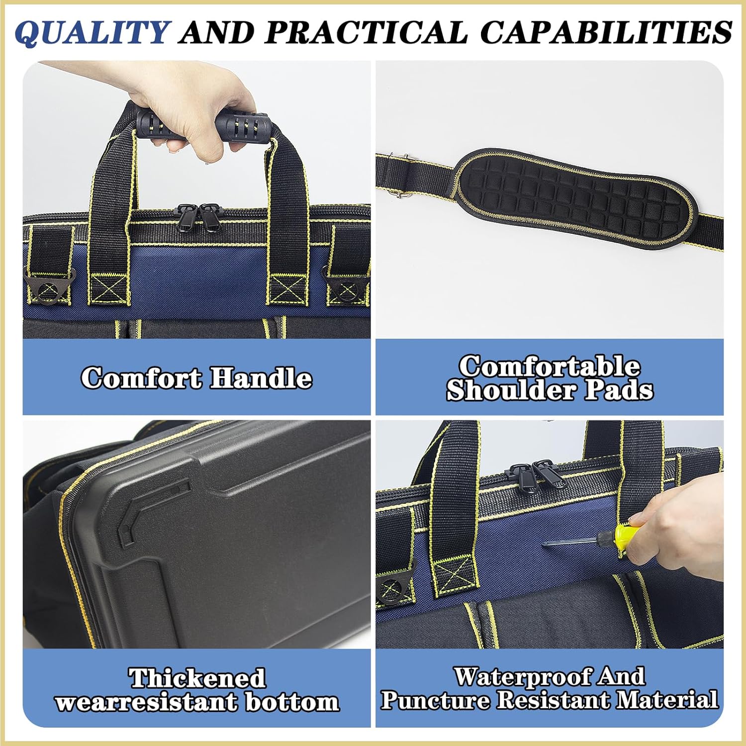 20 Inch Heavy duty tool bag, multifunctional tool bag organizer, waterproof and wear-resistant base with large double zipper and adjustable shoulder strap, gift for Father's Day and Men,blue