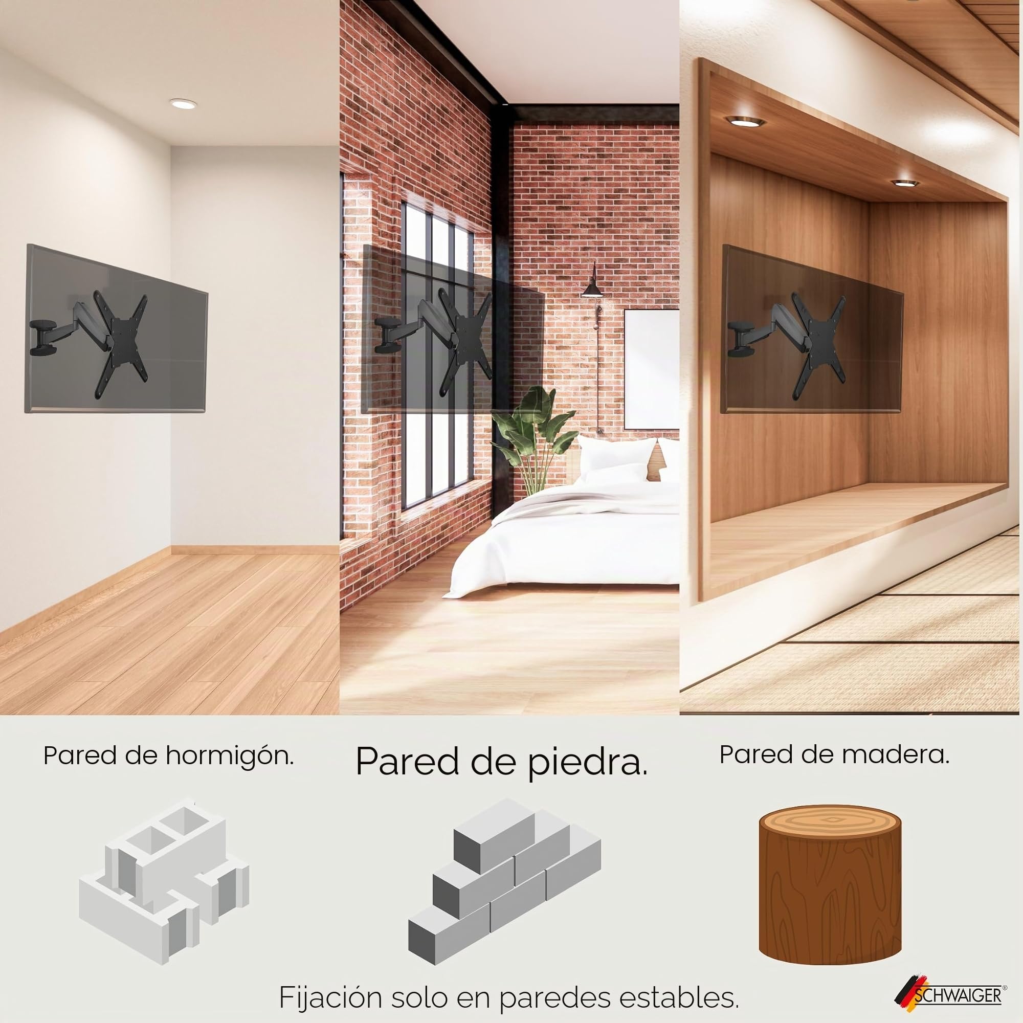 SCHWAIGER 9444 Soporte de Pared para TV 23-55 Pulgadas Soporte para TV inclinable, Giratorio máx. 30 kg máx. VESA estándar 400x400 Negro Incl. Accesorios de Montaje