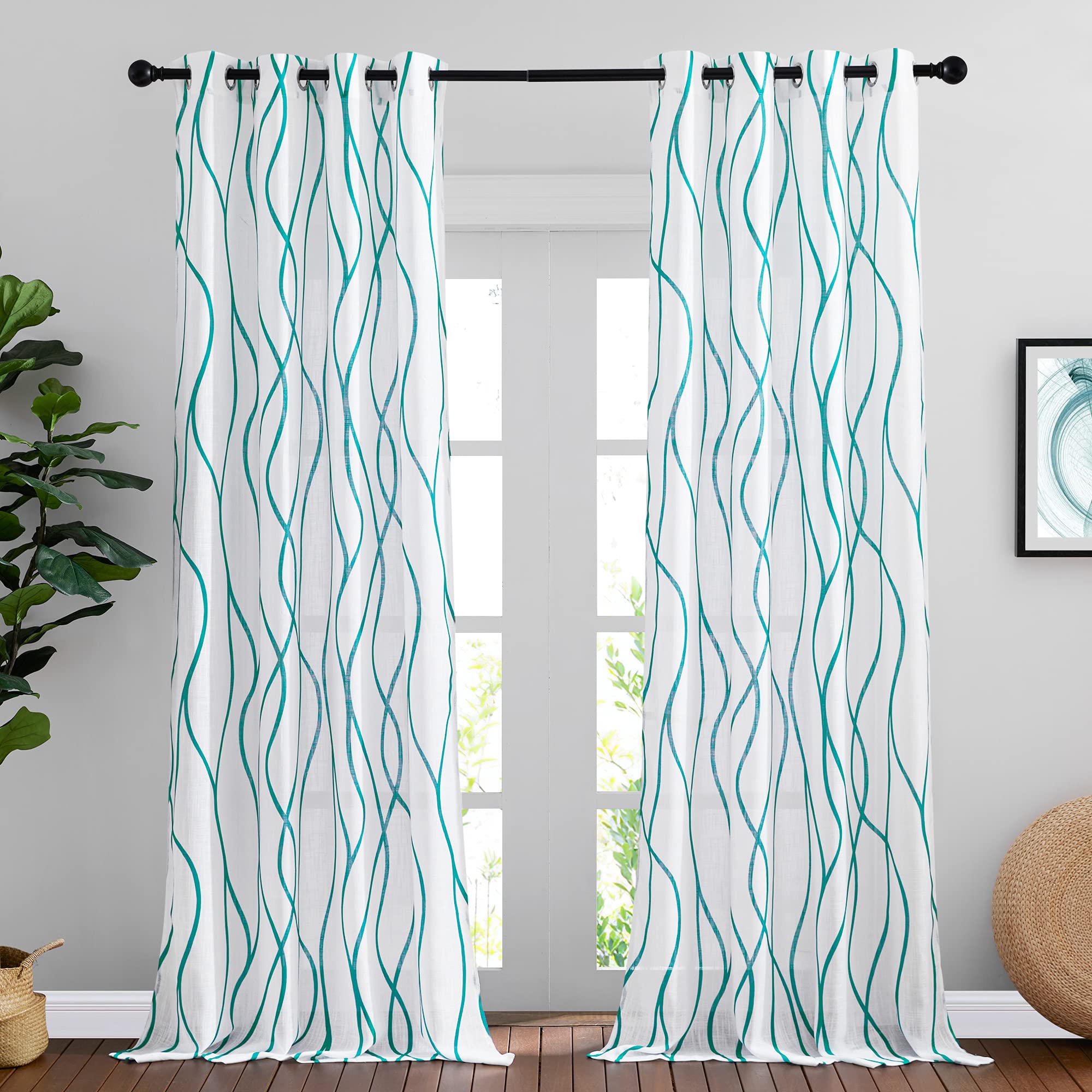 NICETOWN Wave Line Curtains Semi Sheer Texture, Grommet Top Sheer Linen Curtain Drapes Home Decor Privacy with Light Filtering for Farmhouse/Living Room, Teal, W50 by L95, Set of 2