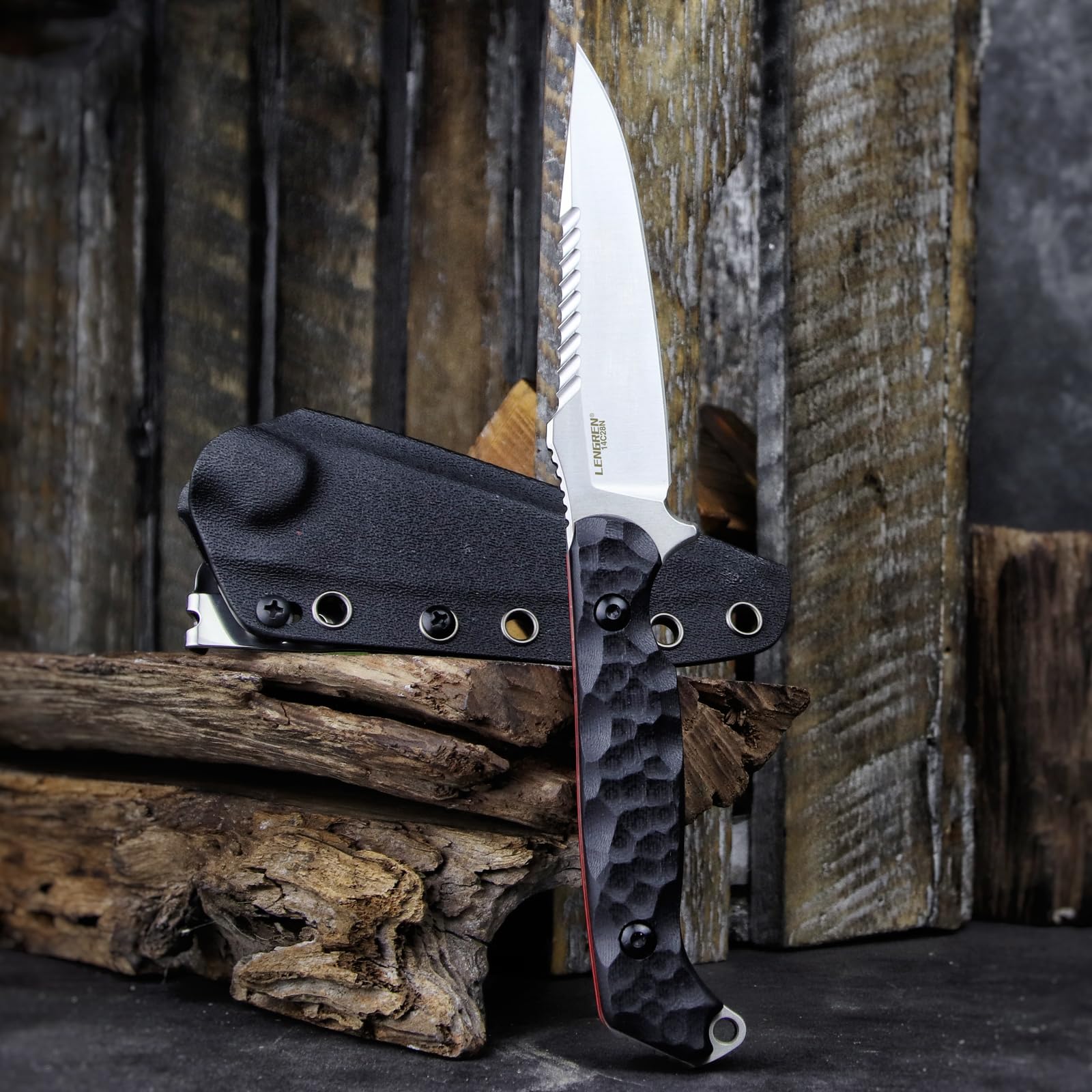 LR-869 EDC Tactical Fixed fighting blades Blade，Full Tang 14C28N Steel Reverse Serrations G10/Linen Handle Kydex Sheath For Camping Hiking Hunting (Black G10)