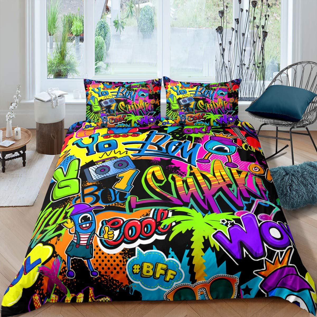 Loussiesd Boys Multicoloured 202 Hippie Graffiti Bedding Set For Kids Child Teens Duvet Cover Modern Bedclothes Wall Urban Street Art Bedspread Cover Personalized Cartoon Doodle Colorful Decor 3Pcs Double Size