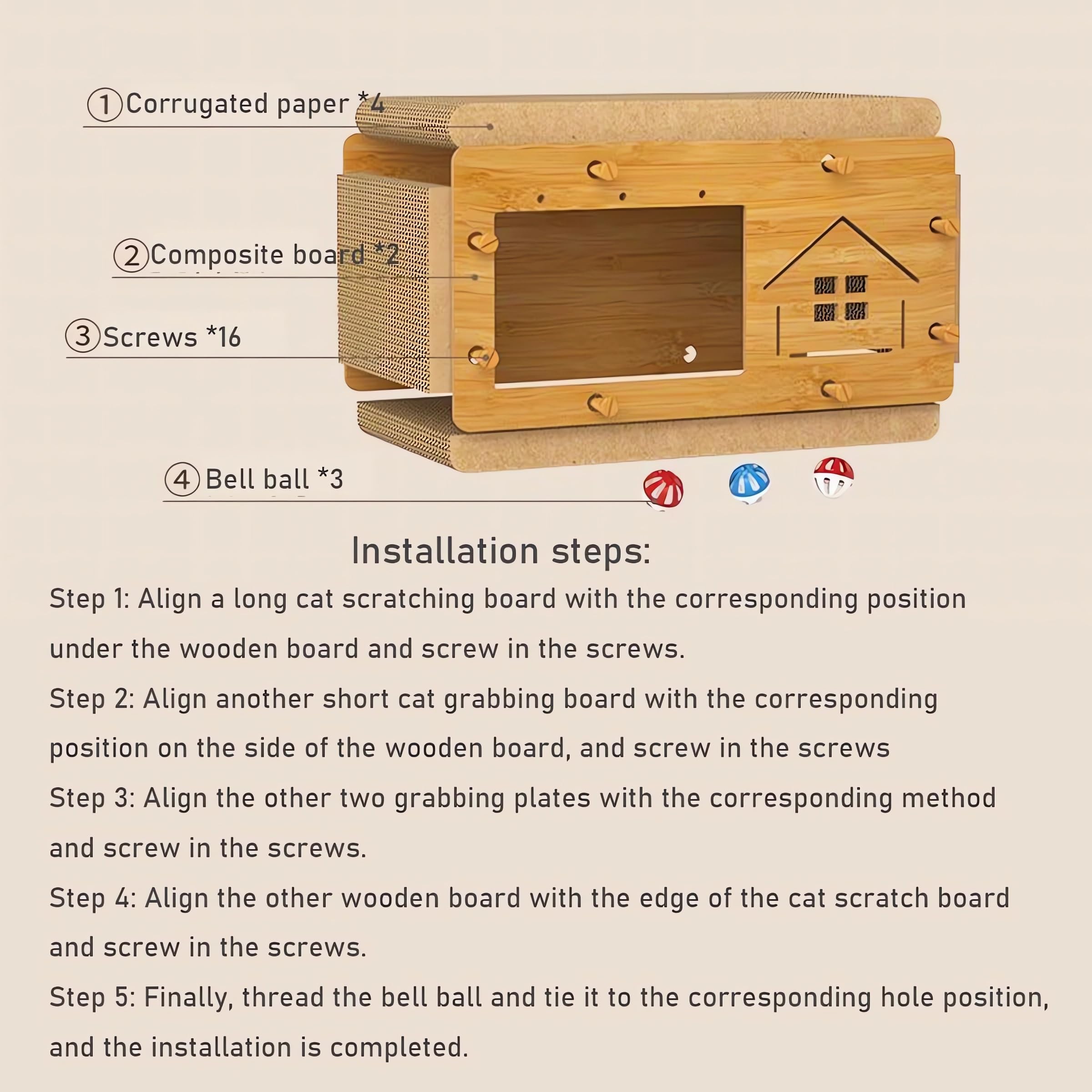 منزل خشبي وسرير للقطط، بتصميم فيلا كبيرة للحيوانات الأليفة مع وسادة من الورق المقوى للقطط مع جرس، ذاتي التجميع من اندهووم