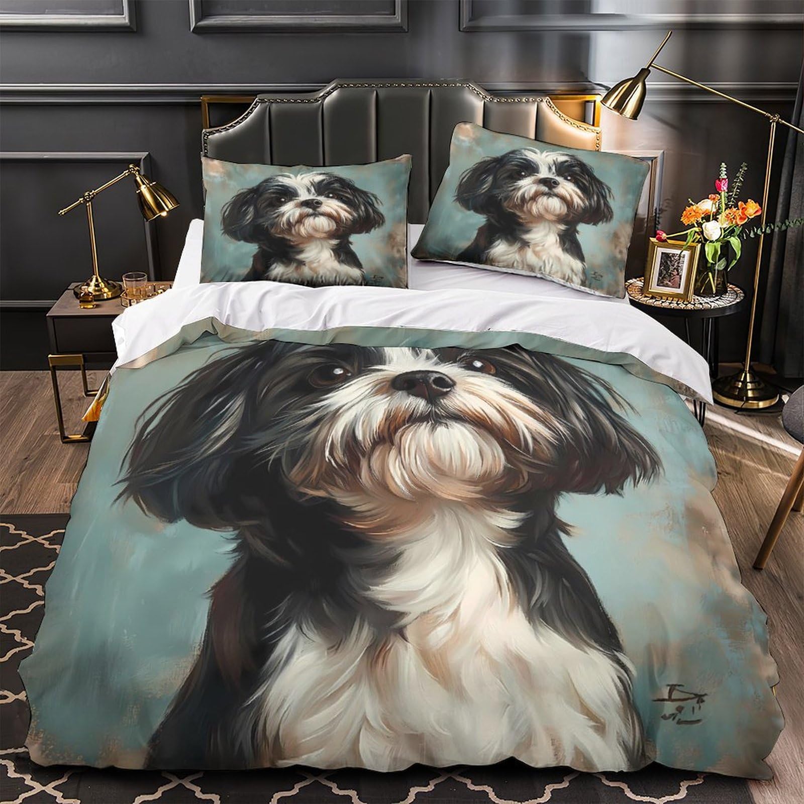 Housse de Couette Chien Jungle Parure de Lit King Douce pour une Ambiance Tropicale en Couple