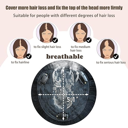 Miniatura 8 de Toppers de cabello humano real con flequillo y clip, sin costuras, para mujer, base de seda gruesa para cabello que pica (5.1 x 5.1 pulgadas, 12
