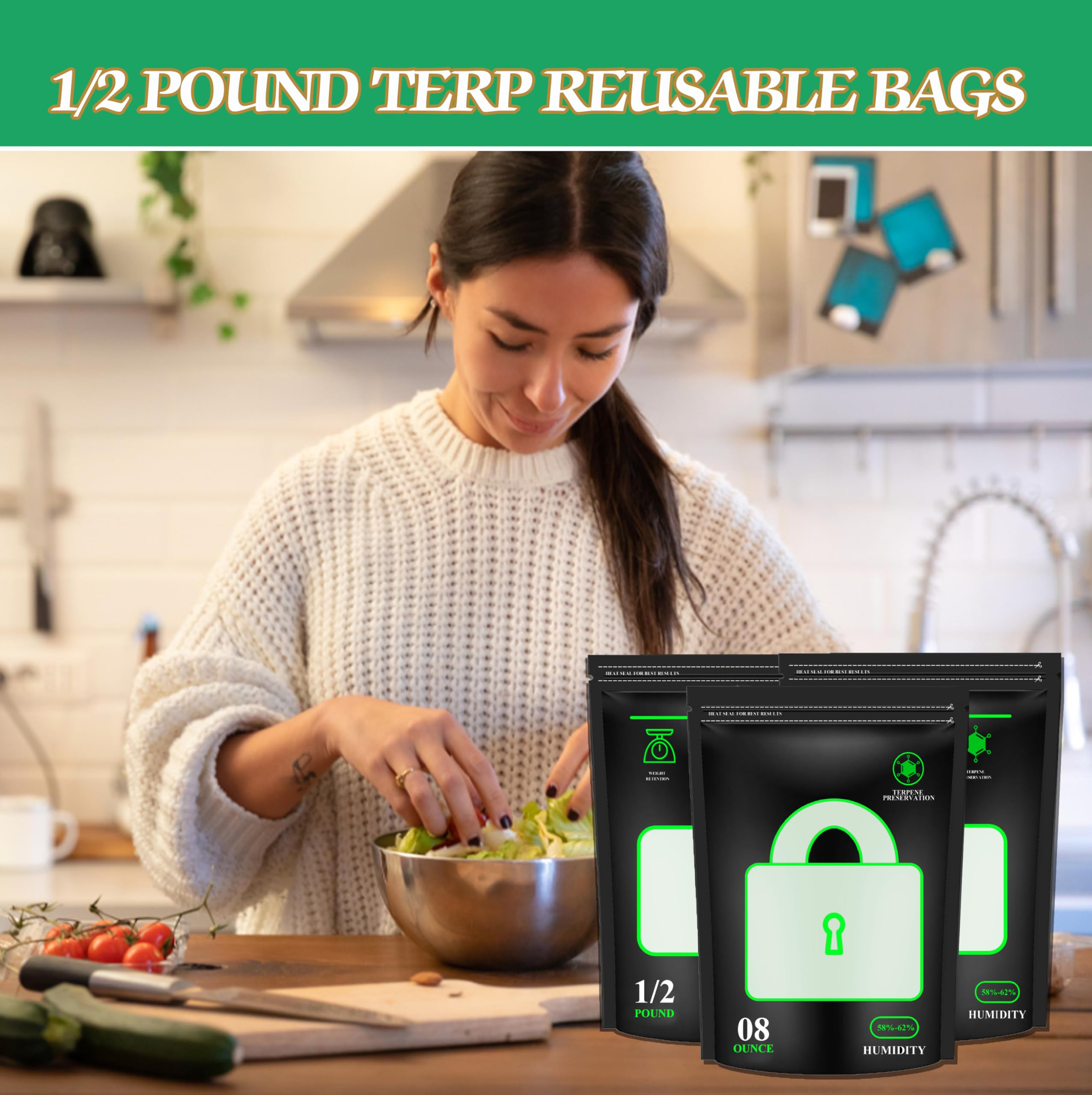 Bolsas Terp de almacenamiento de 1/2 libras 58%-62% RH, bolsas de control de humedad de 2 vías, bolsas reutilizables sellables con calor para curado y almacenamiento de alimentos, bolsas de humedad de
