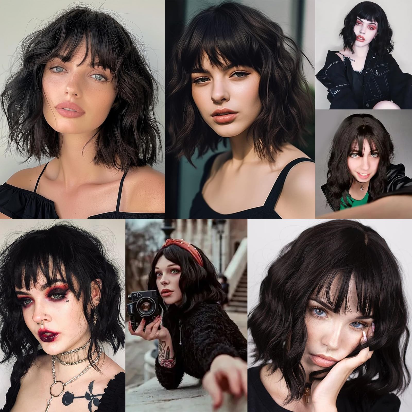 Parrucca corta ondulata nera con frangia Ondulata parrucca corta bob per donne Capelli sintetici e naturali ricci per uso quotidiano, feste, carnevale, cosplay