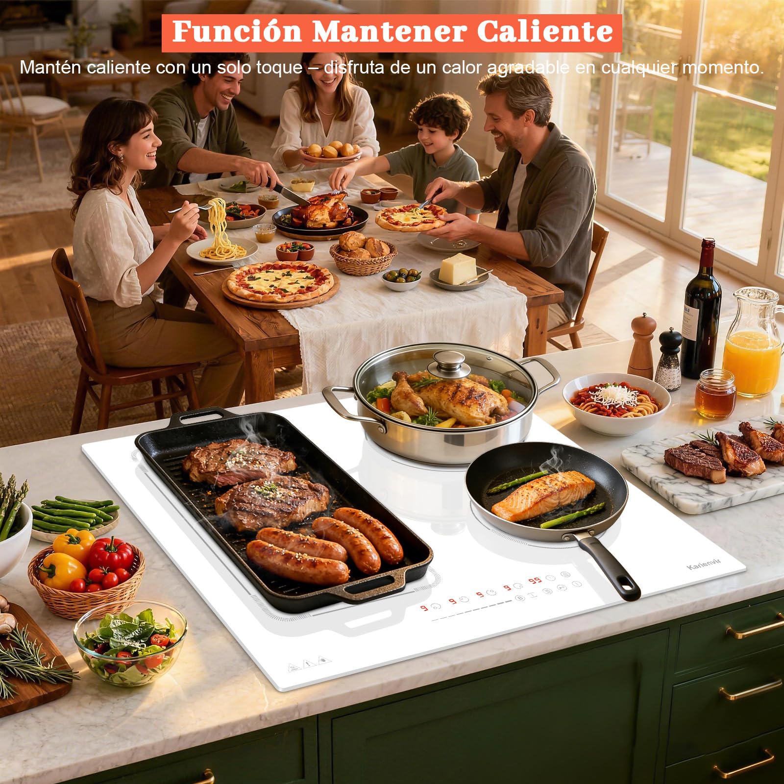 Placa Inducción 4 Fuegos con Zona Flexible y Enchufe, Placa Induccion Empotrable 60 cm con Boost, Vitroceramica Induccion con Pantalla Táctil, Bloqueo de Seguridad, Pausa, Temporizador, Blanca