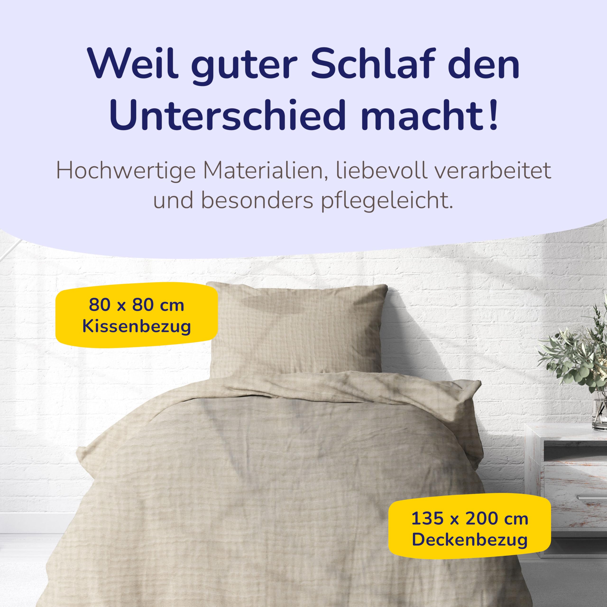 Träumschön Musselin Bettwäsche Set 135x200 & 80x80 Beige - Weiche und Luftige Bettwäsche - Feine Struktur - 100% Baumwolle
