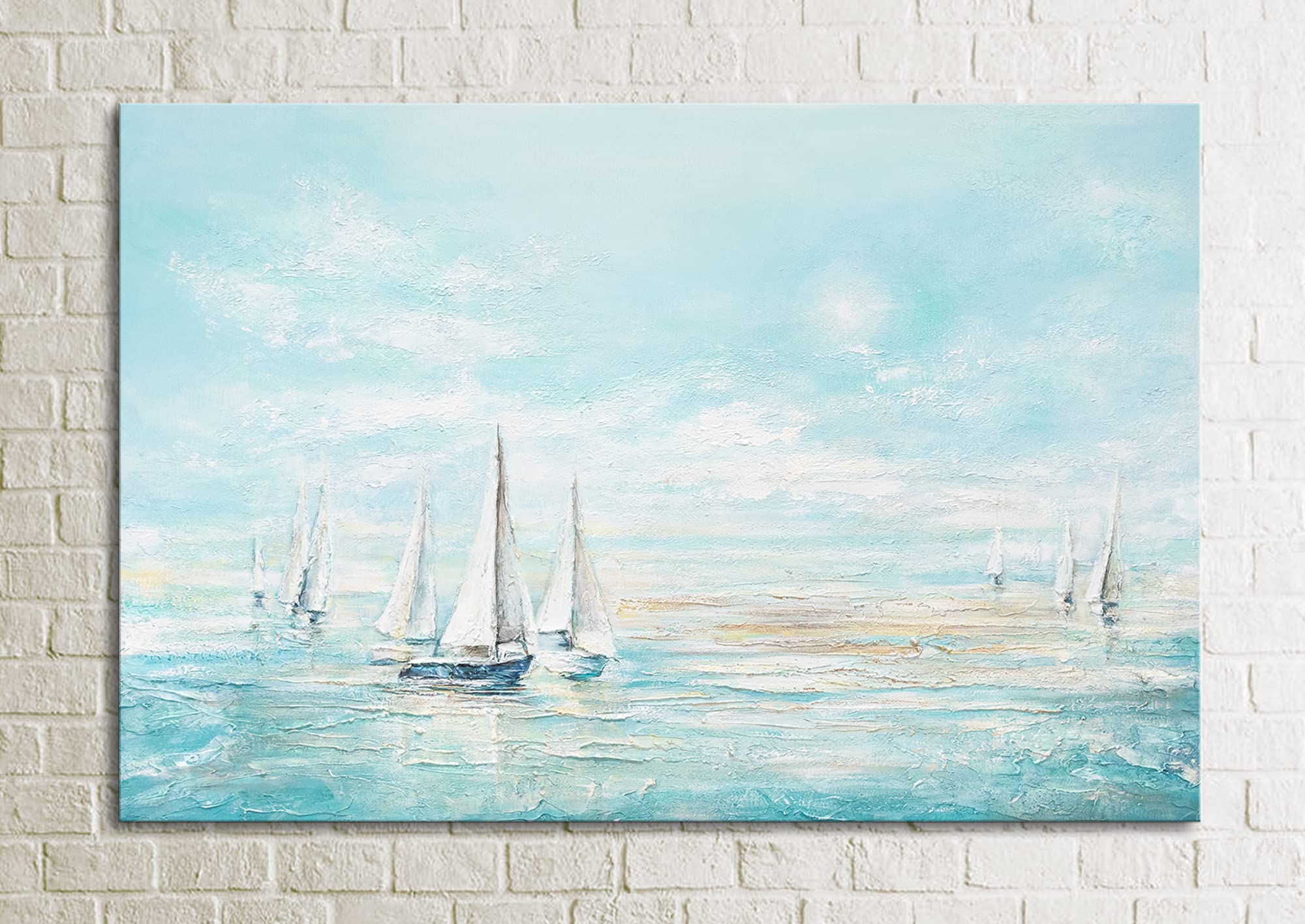 YS-Art Pintura hecha a mano en acrílico Azul marino Paisaje marino en turquesa con veleros blancos Motivo veraniego Arte moderno 120x80 cm