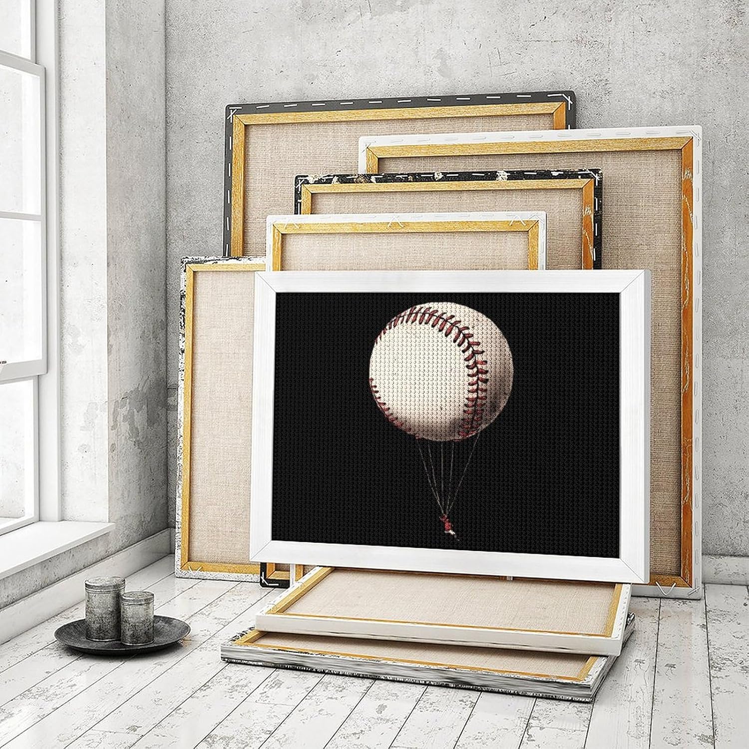 Baseball Hot Air Balloon Printed Diamond 5D Painting Kit 16x20in DIY Full Drill Craft with Tools for Home Wall Decor Gift White Wood 50 * 40cm