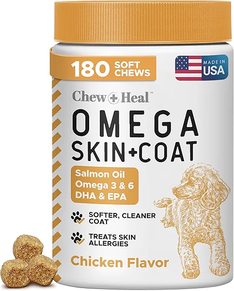Salmon Oil for Dogs - 180 Soft Chew Omega Treats for Skin and Coat - Fish Oil Blend of Essential Fatty Acids, Omega 3 and 6, Vitamins, Antioxidants and Minerals - Made in USA