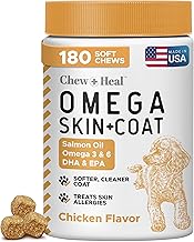 Salmon Oil for Dogs - 180 Soft Chew Omega Treats for Skin and Coat - Fish Oil Blend of Essential Fatty Acids, Omega 3 and 6, Vitamins, Antioxidants and Minerals - Made in USA