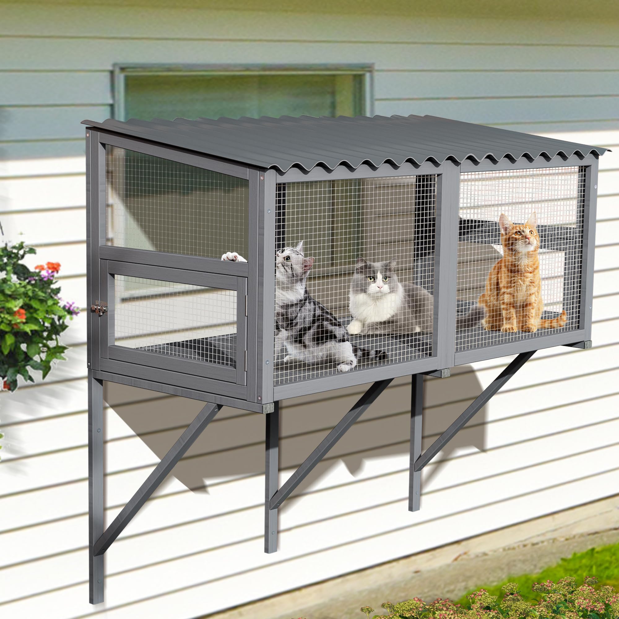 LETATA Cat Catio, Cat Window Box for Multiple Indoor Cat, Catio Cat Perch with Metal Mesh Locking Side Door, Wooden Cat Enclosure Window All Weather Use 360° Enjoying Outdoors (Gray, Large)