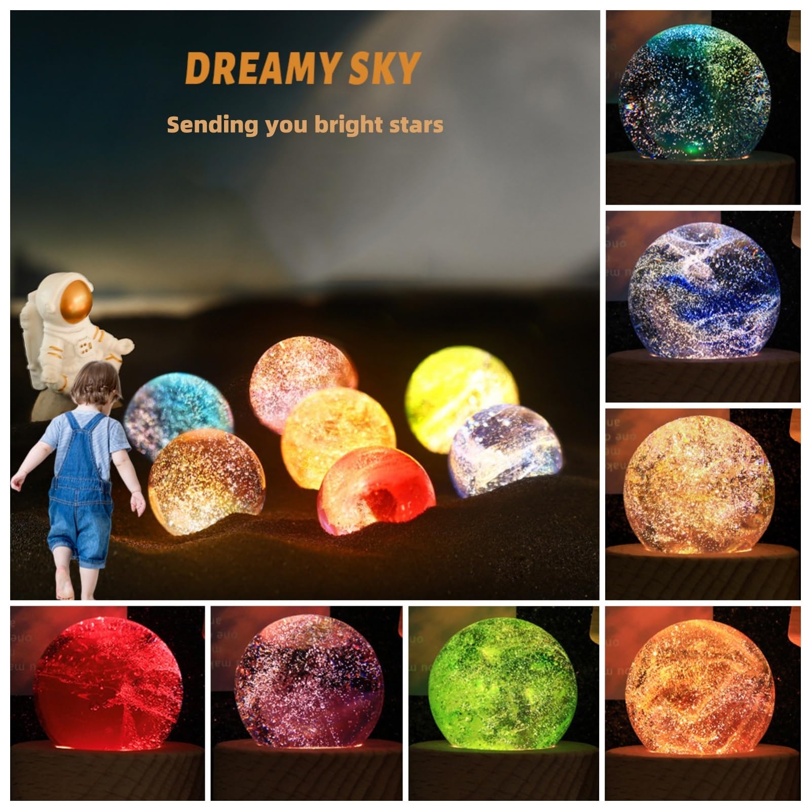 Lampada da Notte a Sfera di Cristallo con Sistema Solare 7 Colori Che cambiano Modello di Luna con Base in Legno Regalo Spaziale for Bambini