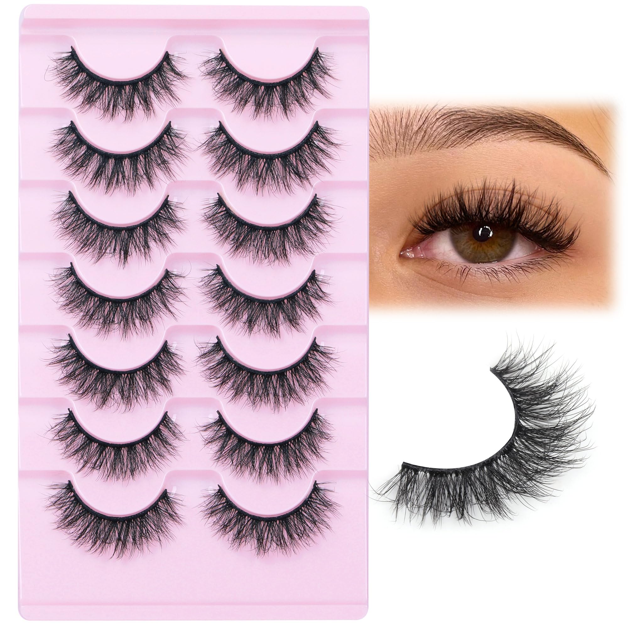 FANXITON Wispy False Eyelashes Natural Look Short Mink Lashes 3D Faux Mink Eyelashes 7 Pairs Pack