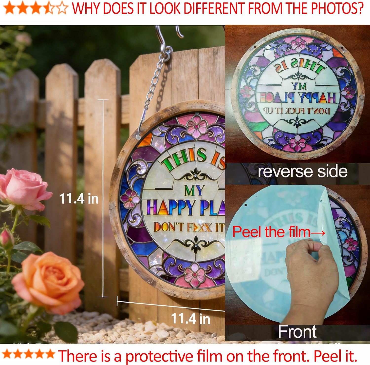 "This Is My Happy Place Don't F It Up" Sign, 11.5 Inch Acrylic Wall Decor, Vibrant Colors Round Garden Sign for Home, Garden, Bar, Farm, Coffee Shop Decor