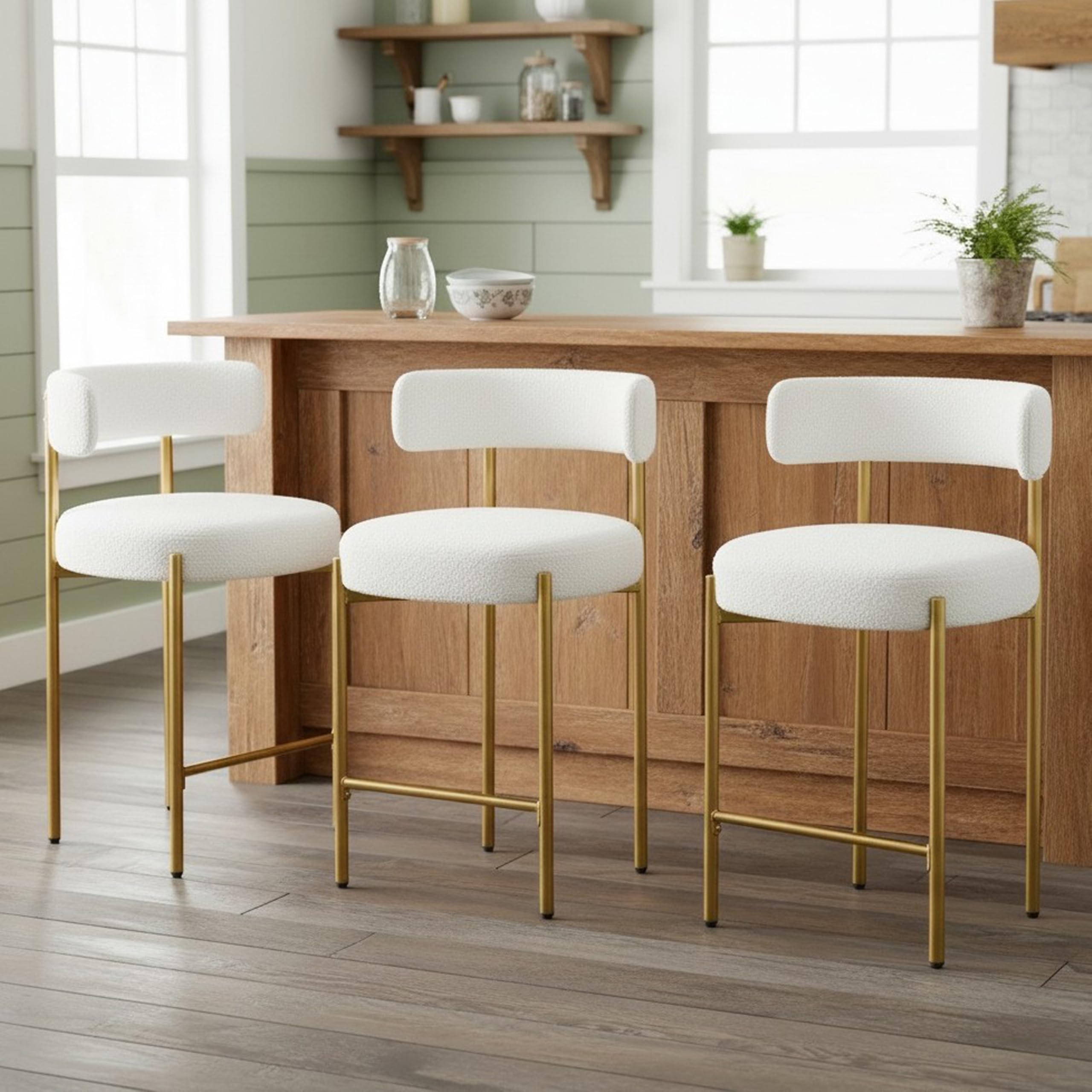 counter height bar stools, 24'' white bar stools set of 3, boucle barstools with back and gold legs, mid-century modern bar chairs for kitchen island, dining room