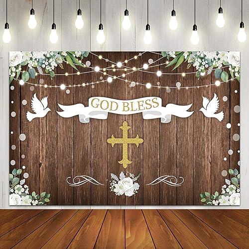SOAPPERMST Telón de fondo de 7 x 5 pies con texto en inglés "God Bless First Holy Comunion Bautismo" Baby Shower para recién nacidos, suministros