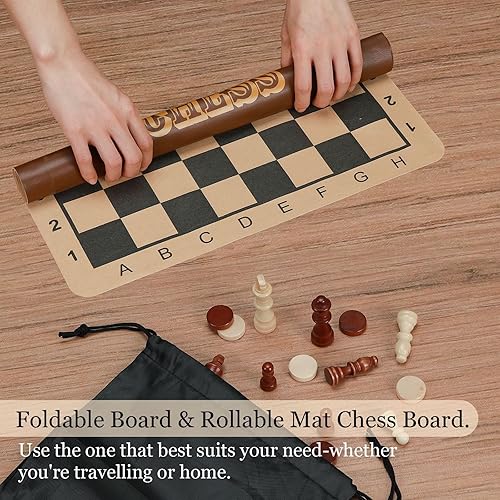 Miniatura 2 de Juego de ajedrez de madera de 16 pulgadas, juego de ajedrez magnético plegable 2 en 1 con juegos de mesa de ajedrez enrollables de viaje portátiles