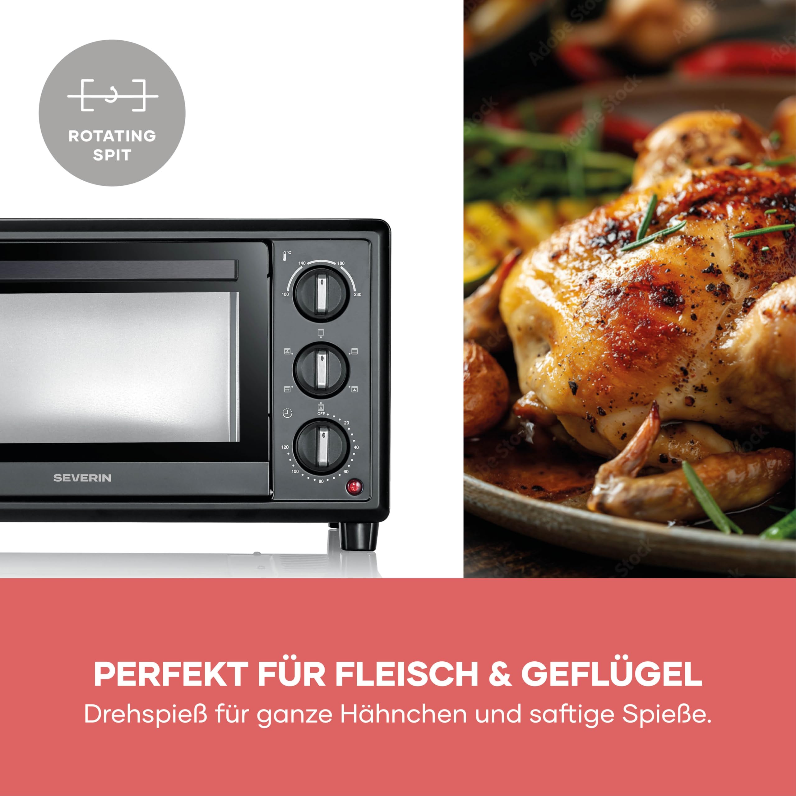 Severin Back- und Toastofen, Bake&Toast, 20L, bis 230°C, Umluft-Funktion, Ober- und Unterhitze, inkl. Pizzastein, Drehspieß, Krümelblech, Backblech, Grillrost, 120Min. Timer, 1600W, schwarz, TO 2079
