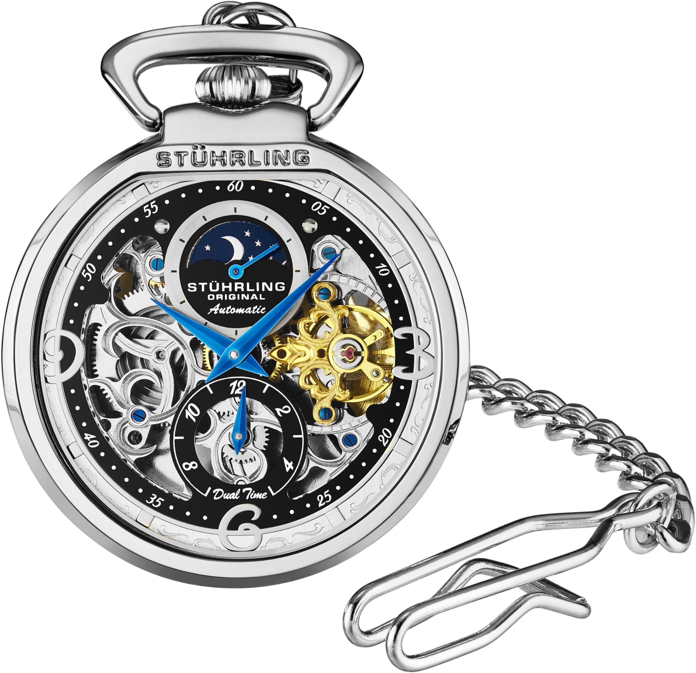 Mens Automatic Pocket Watch Skeleton Dial, Pocket Watch with Chain Gift for Men, Collectible Timepiece, Sun Moon Subdial, Vintage Style, No Battery Pocket Watch for Men