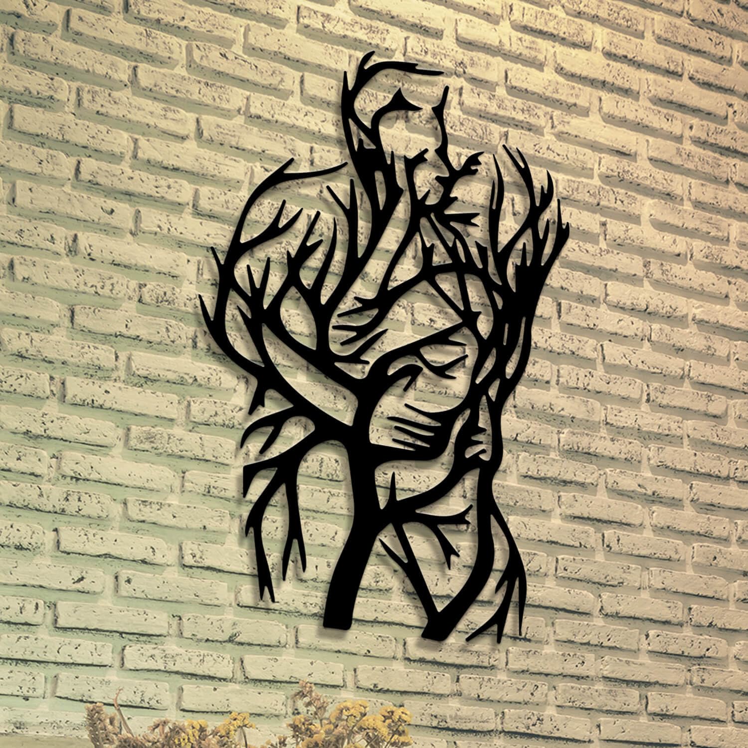 Decorazione murale in Metallo Nero con Albero per Coppia, Linea Astratta in Metallo, Regalo di San Valentino, Arte da Parete, Decorazione Artistica con Albero per Coppia, Scultura Moderna per soggior