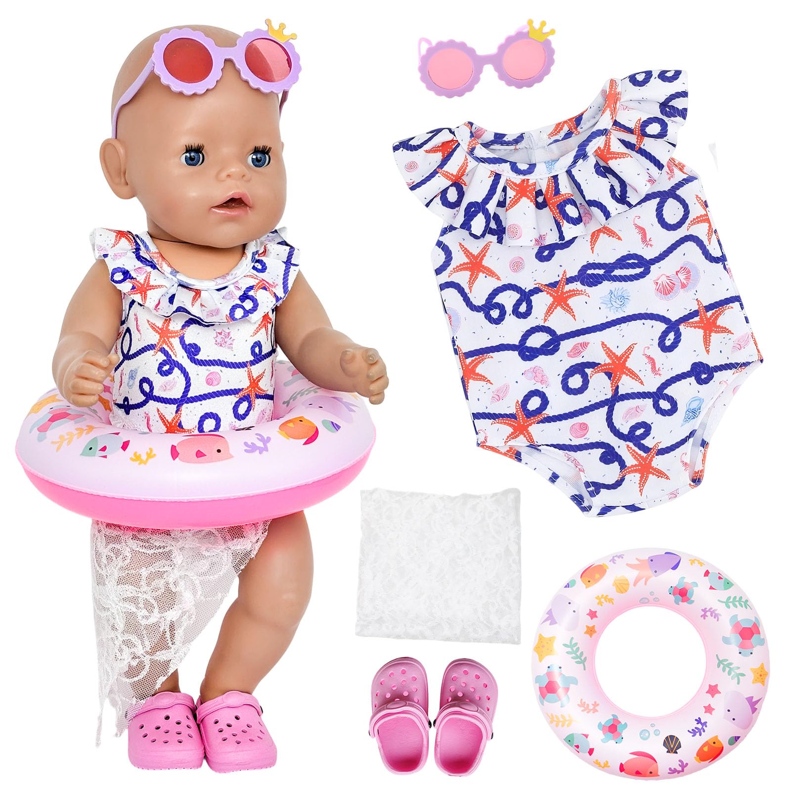 Doll Swimsuit Outfit Set for 35-45cm Dolls – Mermaid Print Swimwear with Lace Cover-Up, Inflatable Swim Ring, Purple Crown Sunglasses and Clogs Shoes – Summer Beach Doll Accessories for Girls
