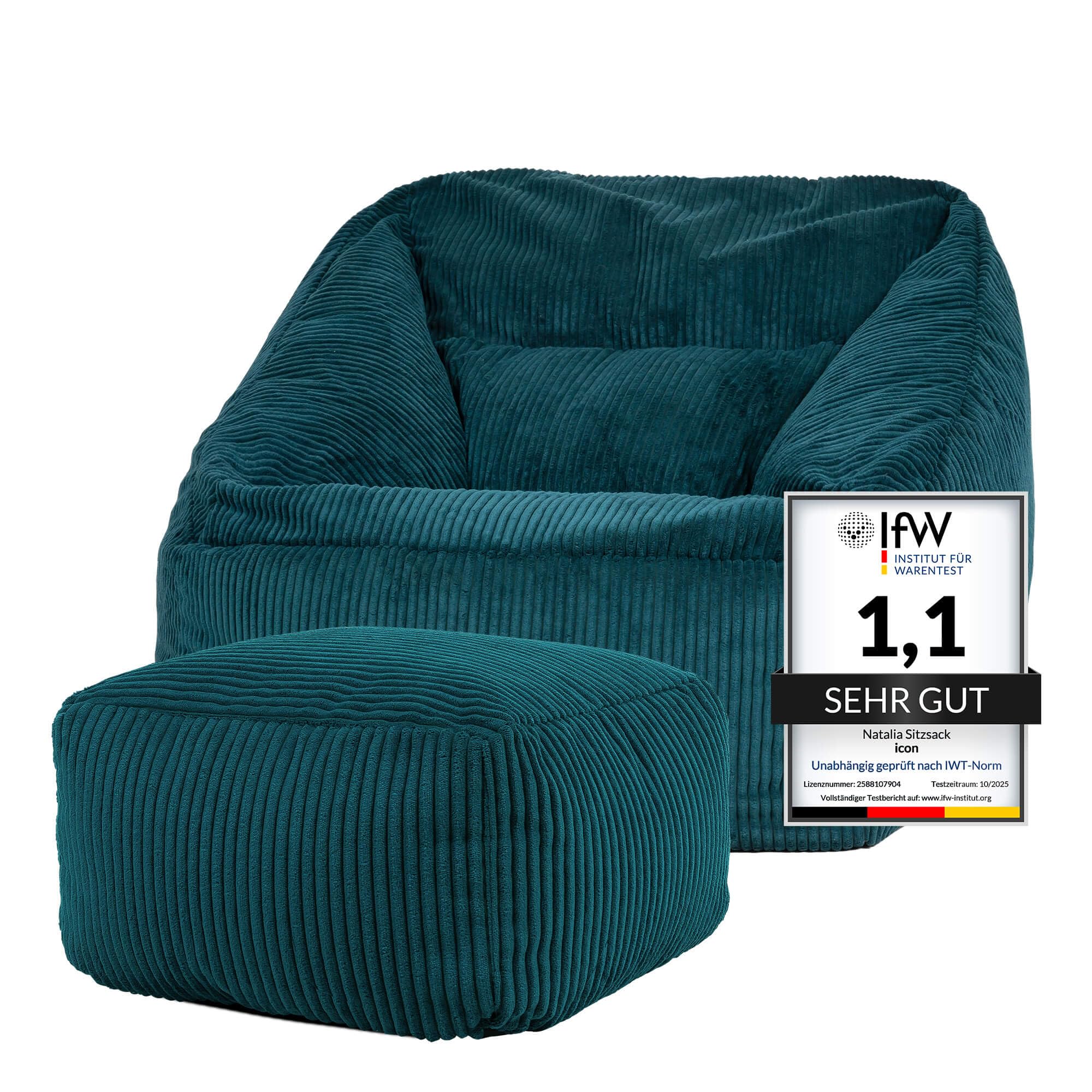 Icon Natalia Sitzsack Sessel mit Hocker für Erwachsene, Blaugrün, Flauschiger Cord Stoff, Riesen Sitzsack Cord mit Füllung, Bean Bag Chair, Bequemer Sessel Wohnzimmer, Lounge, Schlafzimmer, Büro