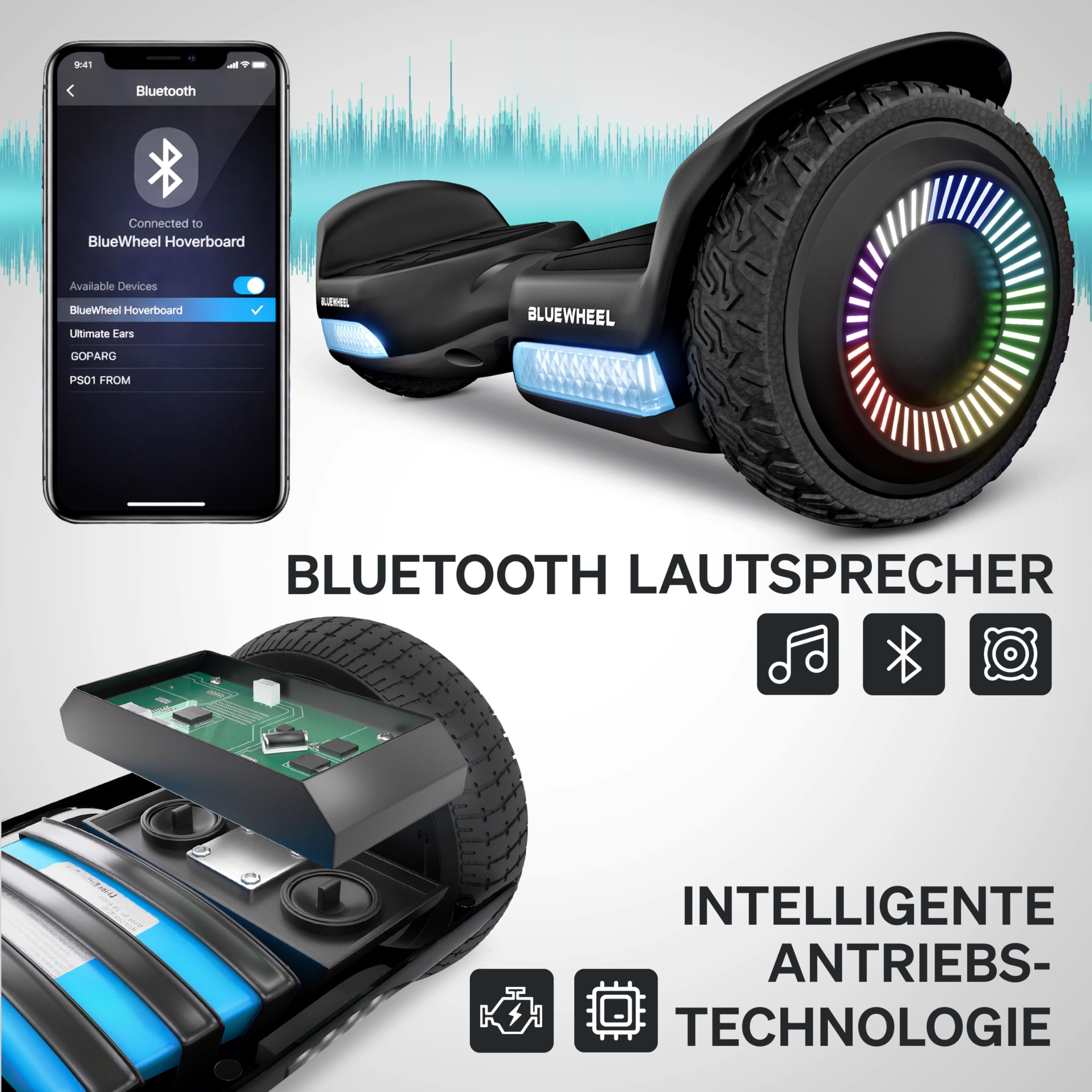 Bluewheel 6,5" Premium Hoverboard HX720 Hoverboard – Bluetooth Lautsprecher, starker Dual Motor, ideal für Kinder & Erwachsene, deutsche Qualitätsmarke