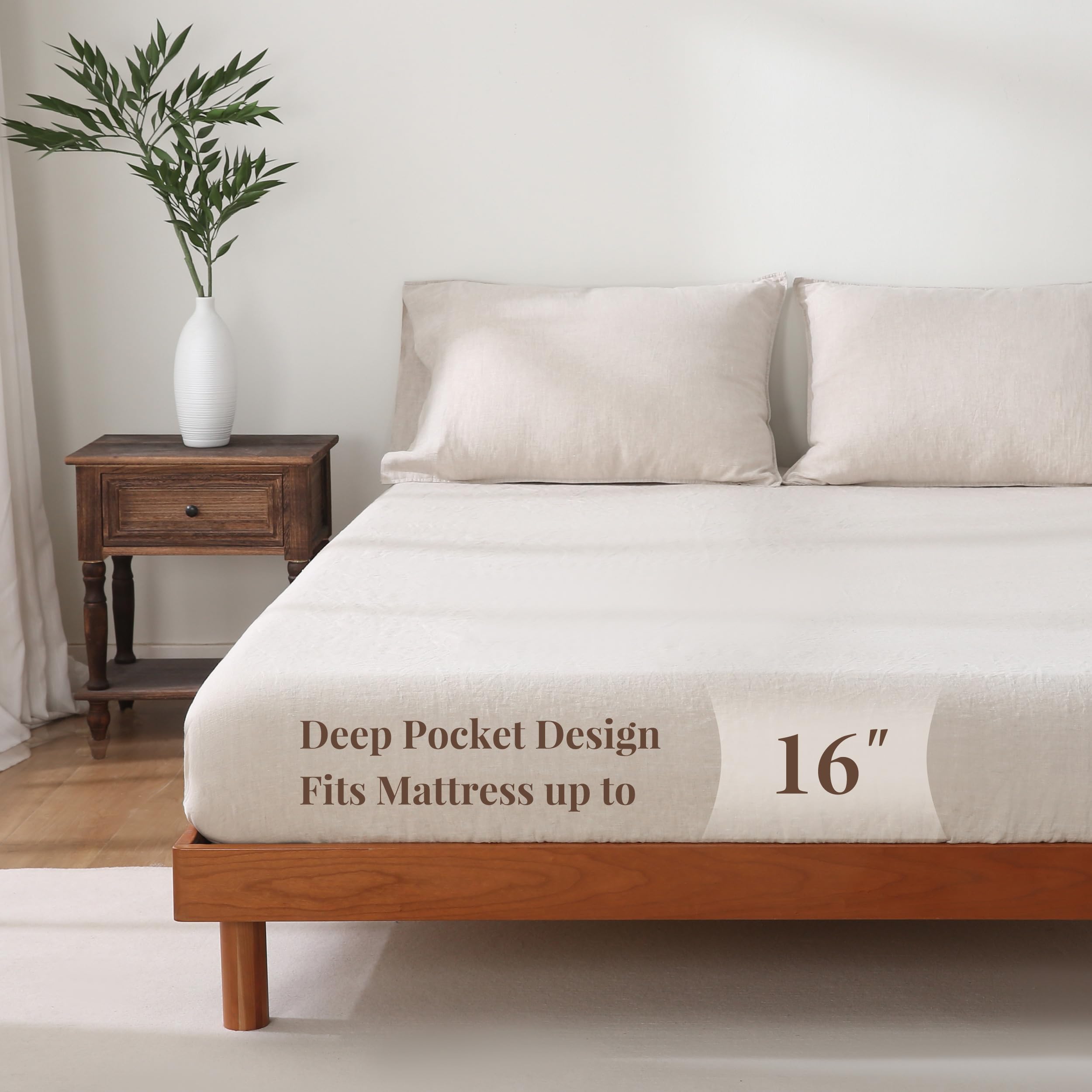 Spannbetttuch, 100 % französisches Leinen, weich, atmungsaktiv (Natur, King-Size) | Flachs Linen Bettlaken, 190 x 203 cm, Matratzenbezug, 40,6 cm tief, steinfarben, Rundumgummi, 1 Spannbetttuch, Kingsize-Bett