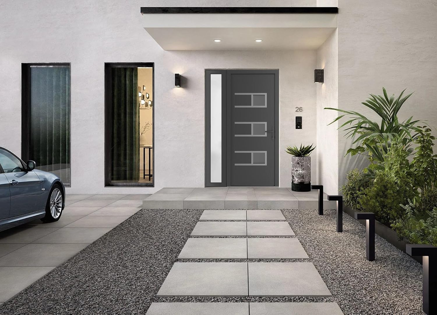 VDOMDOORS Front Exterior Prehung Metal-Plastic Door Frosted Glass | Manux 8933 Antracite Grey | Side Sidelite Transom | Residential Doors Entrance Patio Garage 46 x 80 (W30+16 x H80) Left-Inswing