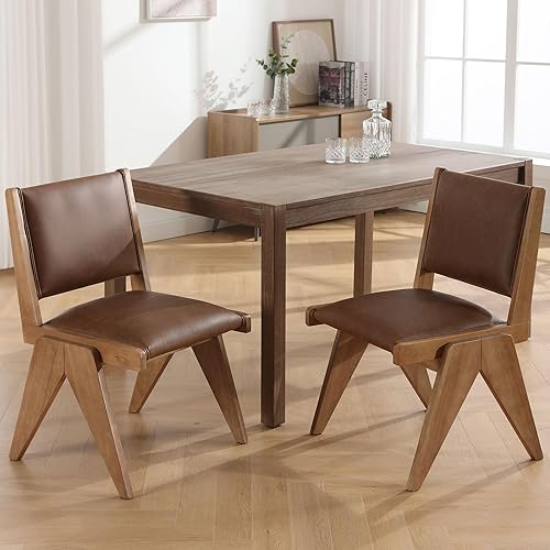 Miniatura 3 de VESCASA Sillas de comedor tapizadas con patas de madera marrón claro, sillas de comedor acolchadas modernas de lino de mediados de siglo con