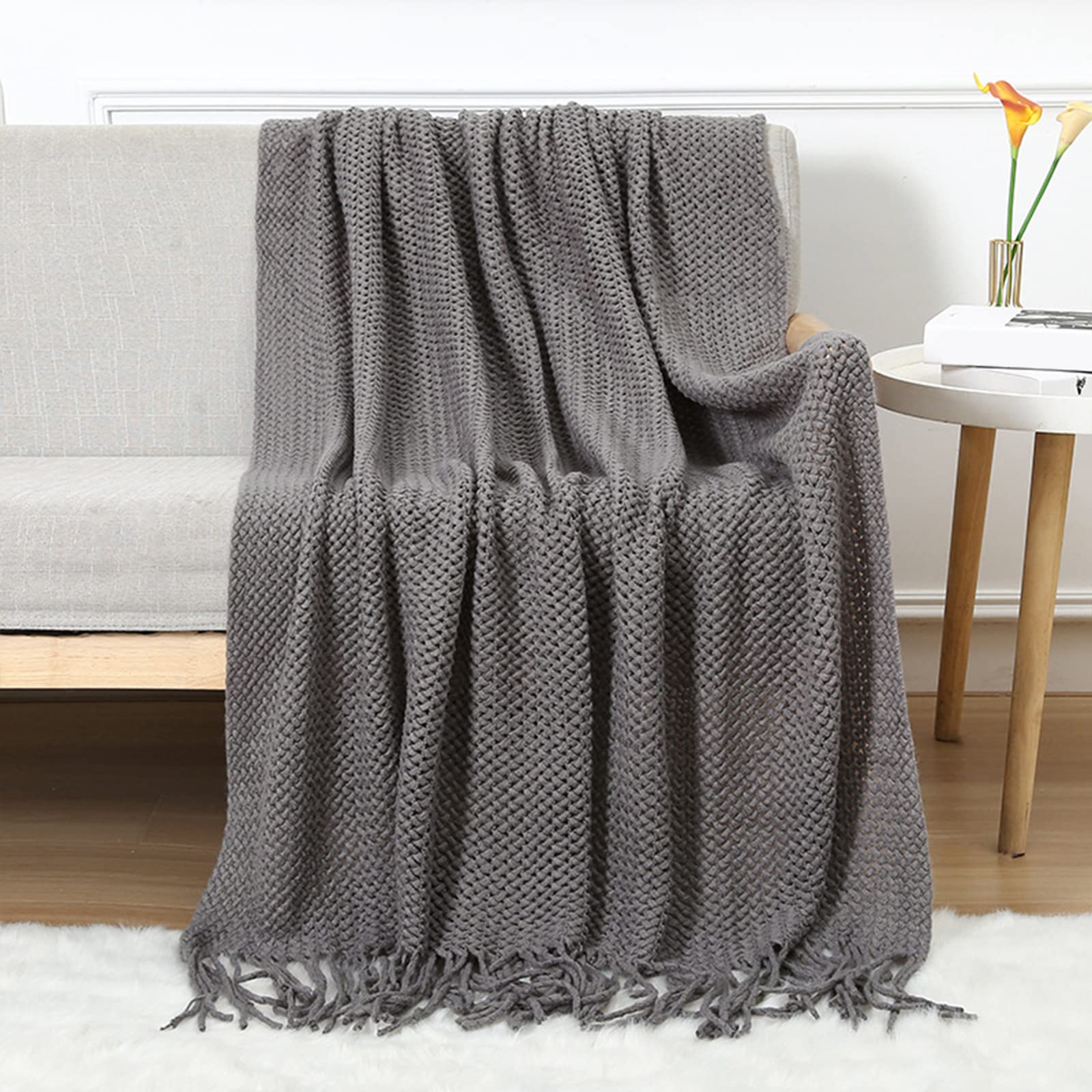 Lumisyne Smoky Grey Knitted Throw Blanket With Tassel Breathable Cellular Blanket Nordic Style Soft Cozy Couch Cover Decorative Blanket For Sofa Bed Settee Armchair