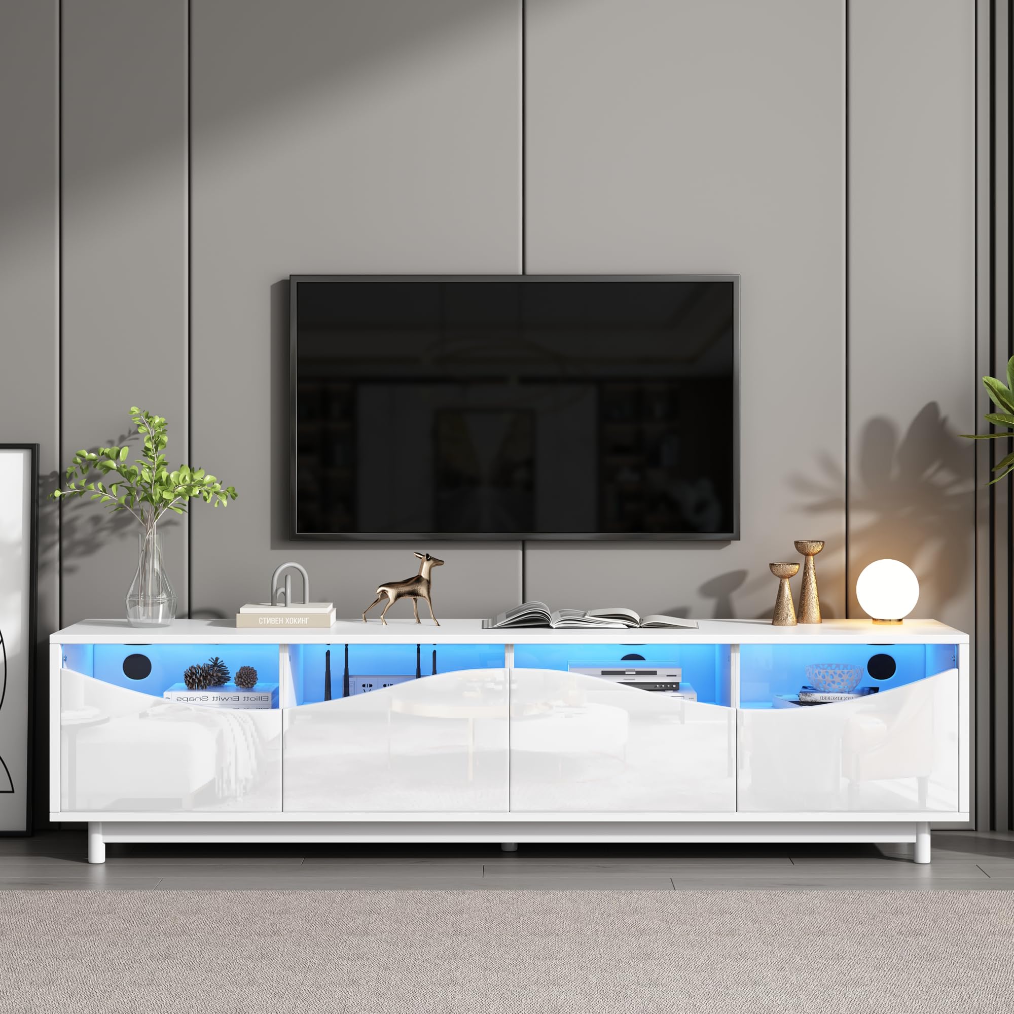BTM TV-Schrank in geschwungenem Design, weiß, hochglänzend, Schranktür aus gehärtetem Glas, LED-Beleuchtung, geeignet als Unterhaltungsmöbel, Schlafzimmer, Wohnzimmer, 175 x 38 x 51 cm
