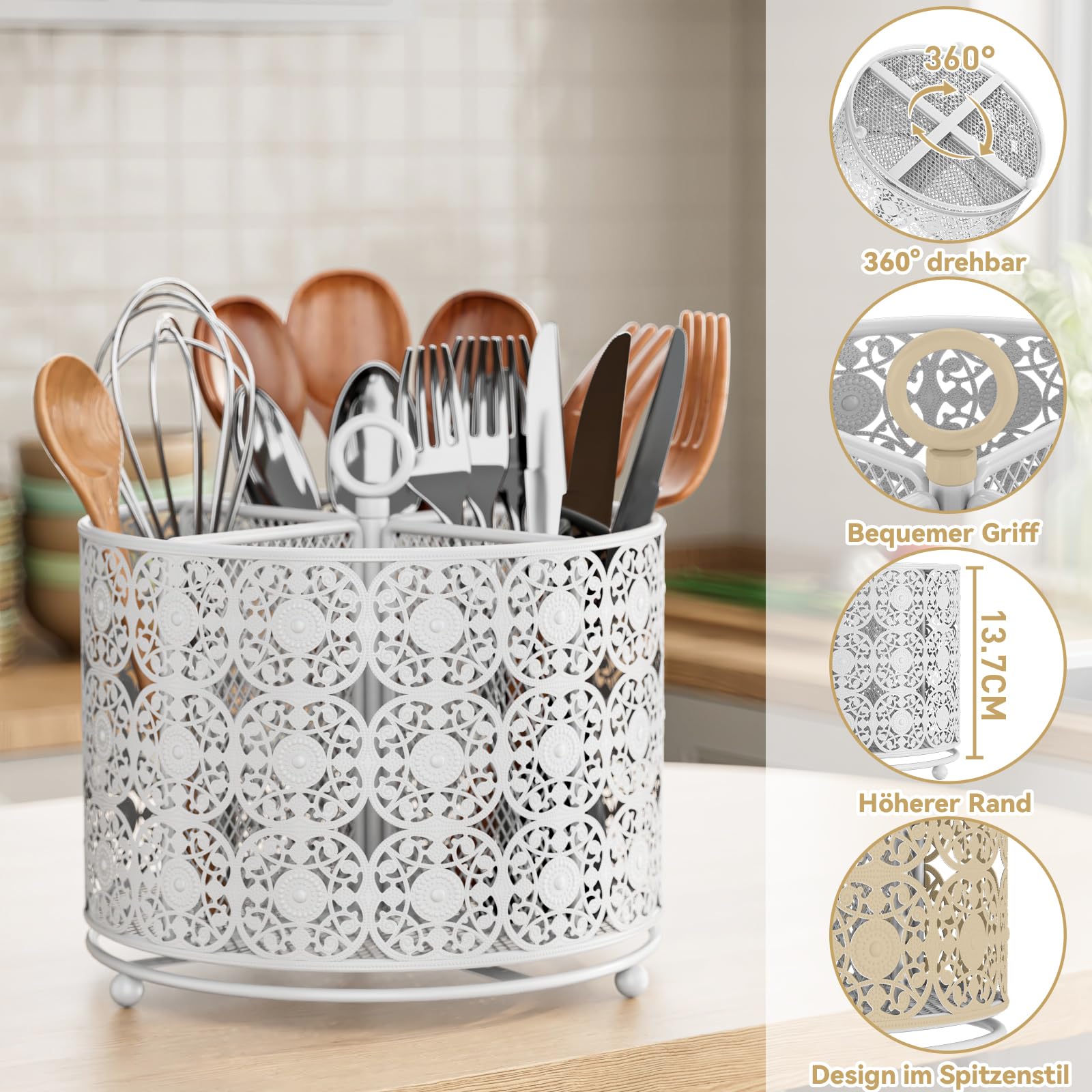 JANE EYRE Portautensili da cucina con 4 scomparti, girevole a 360°, con bordo floreale, contenitore in acciaio inox, organizer per utensili da cucina e piano di lavoro (bianco)