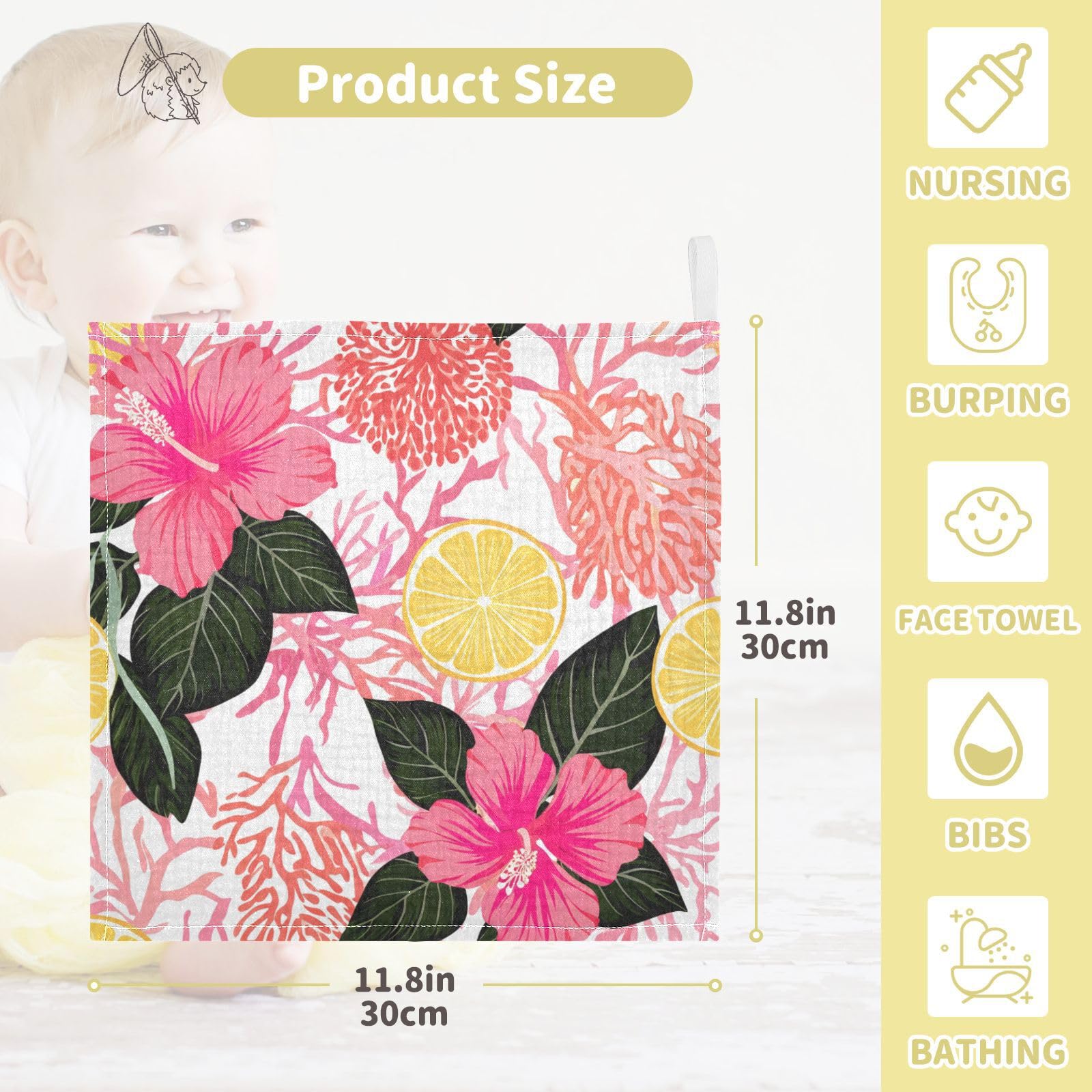 Kigai Flowers and Green Palm Leaves Baby Washcloths,3pcs Ultra Soft Absorbent Towel,Newborn Bath Face Towel, Natural Reusable Baby Wipes for Sensitive Skin, Baby Registry as Shower