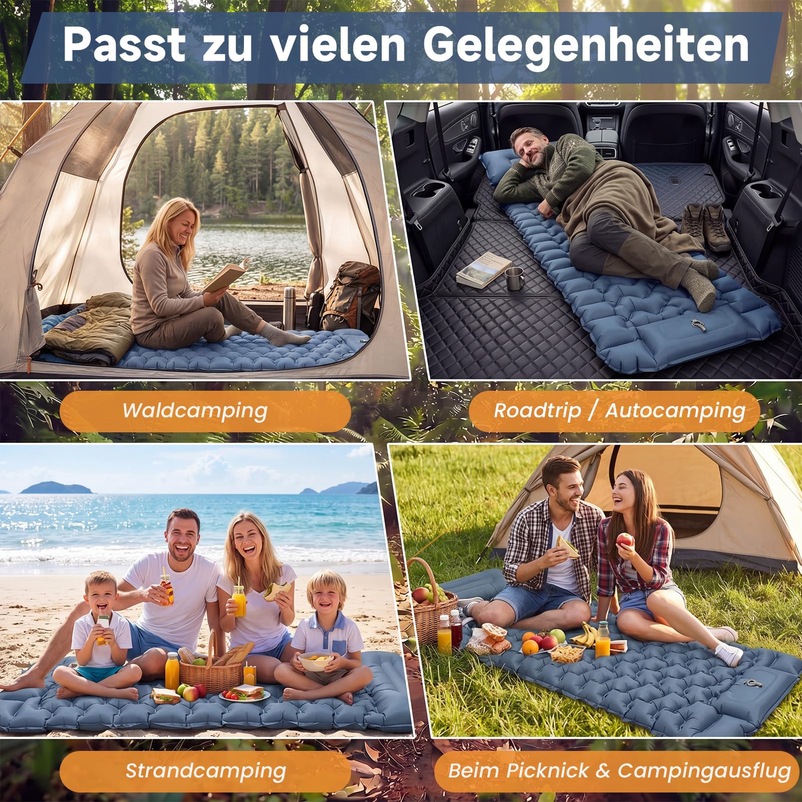 Materassino da campeggio oversize – Materasso gonfiabile ultraleggero extra largo e lungo 197 x 80 x 10 cm, con pompa a pedale e cuscino integrato in TPU 40D, piccolo ingombro per esterni e tenda (blu