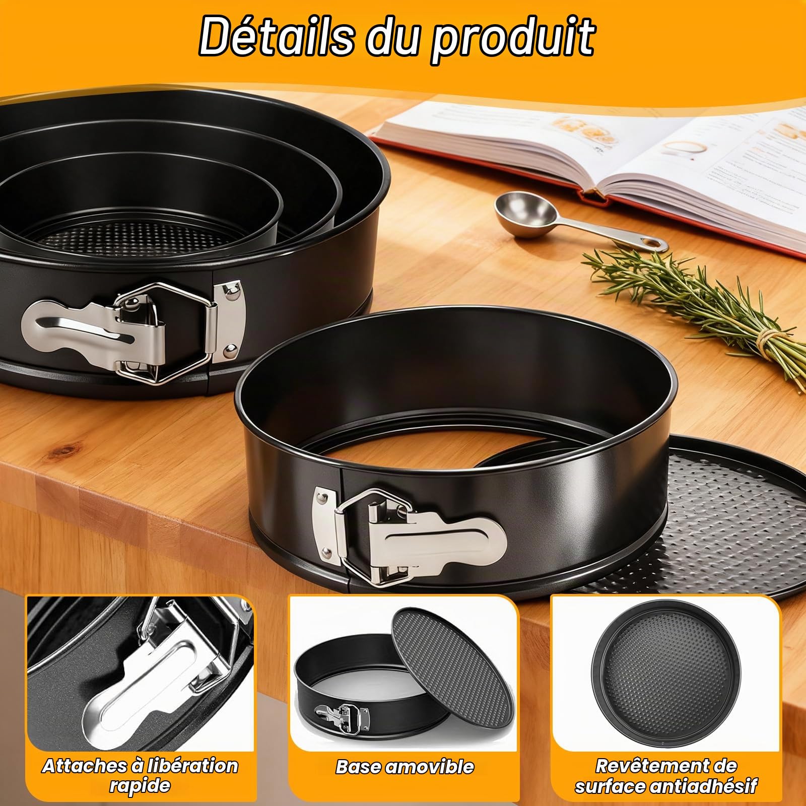 3 Pièces Moules Gâteau Rondes, Moule Charnière avec Fond Amovible, Ensemble Cuisson Gâteaux Antiadhésif, Moule Acier Carbone pour Gateau Fromage, Pâtisserie, Pizzas, Quiches (20cm/22cm/24cm)